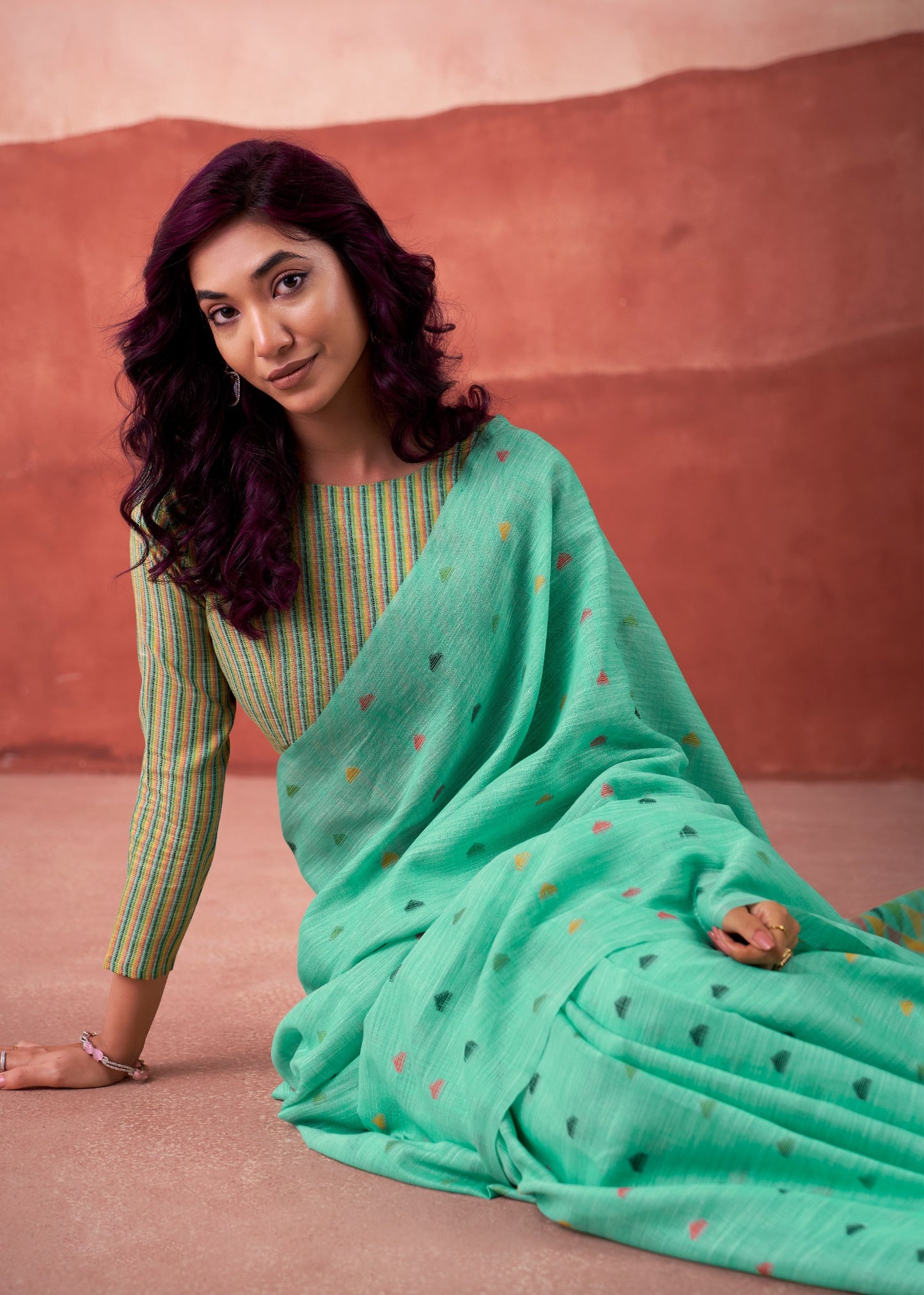 linen silk printed saree with geometric pallu and multicolor motifs – ethnic wear for women