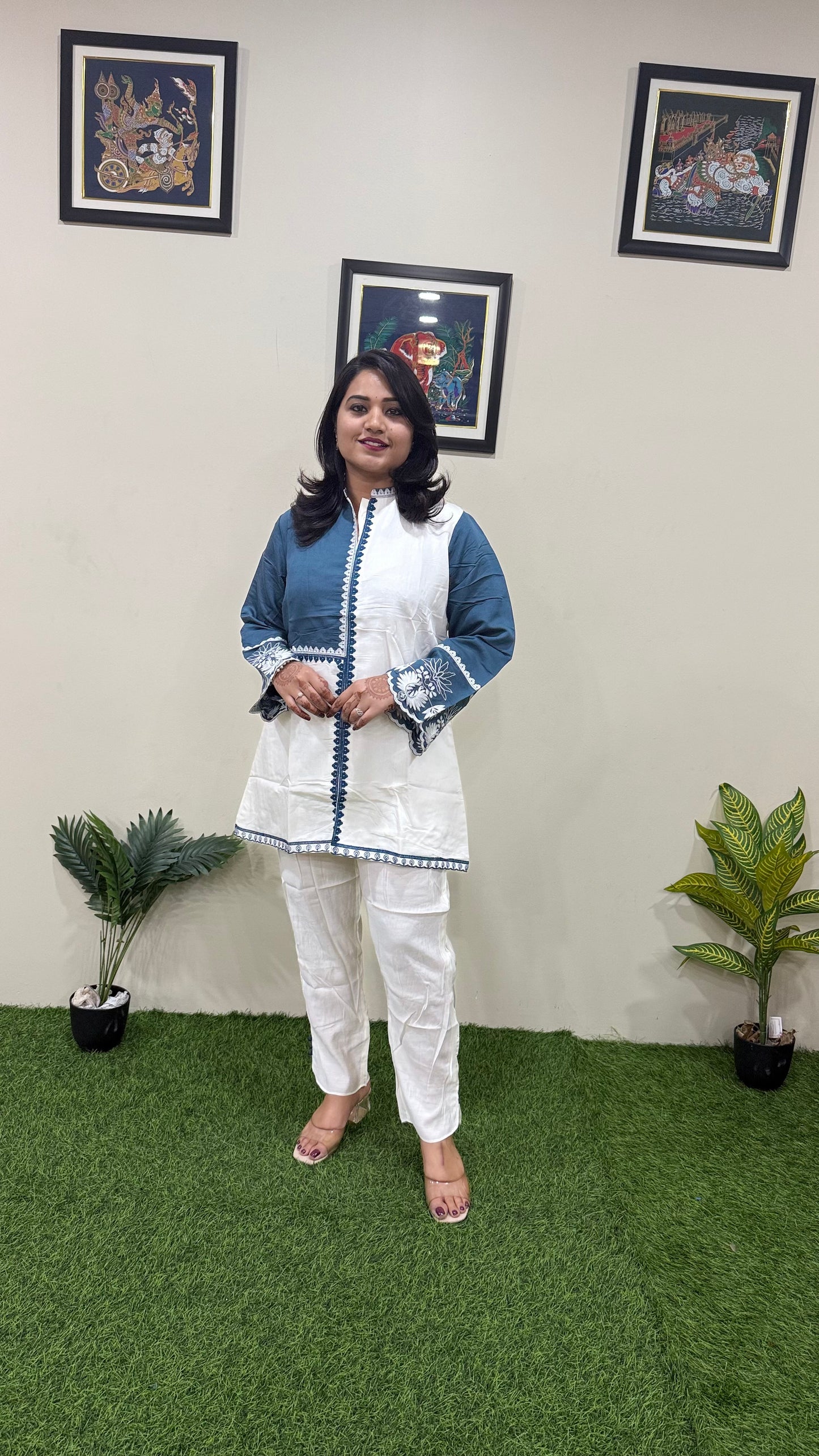 Women's Pure Silk Co-ord Set in White and Teal with Embroidered Sleeves and Trim Detailing
