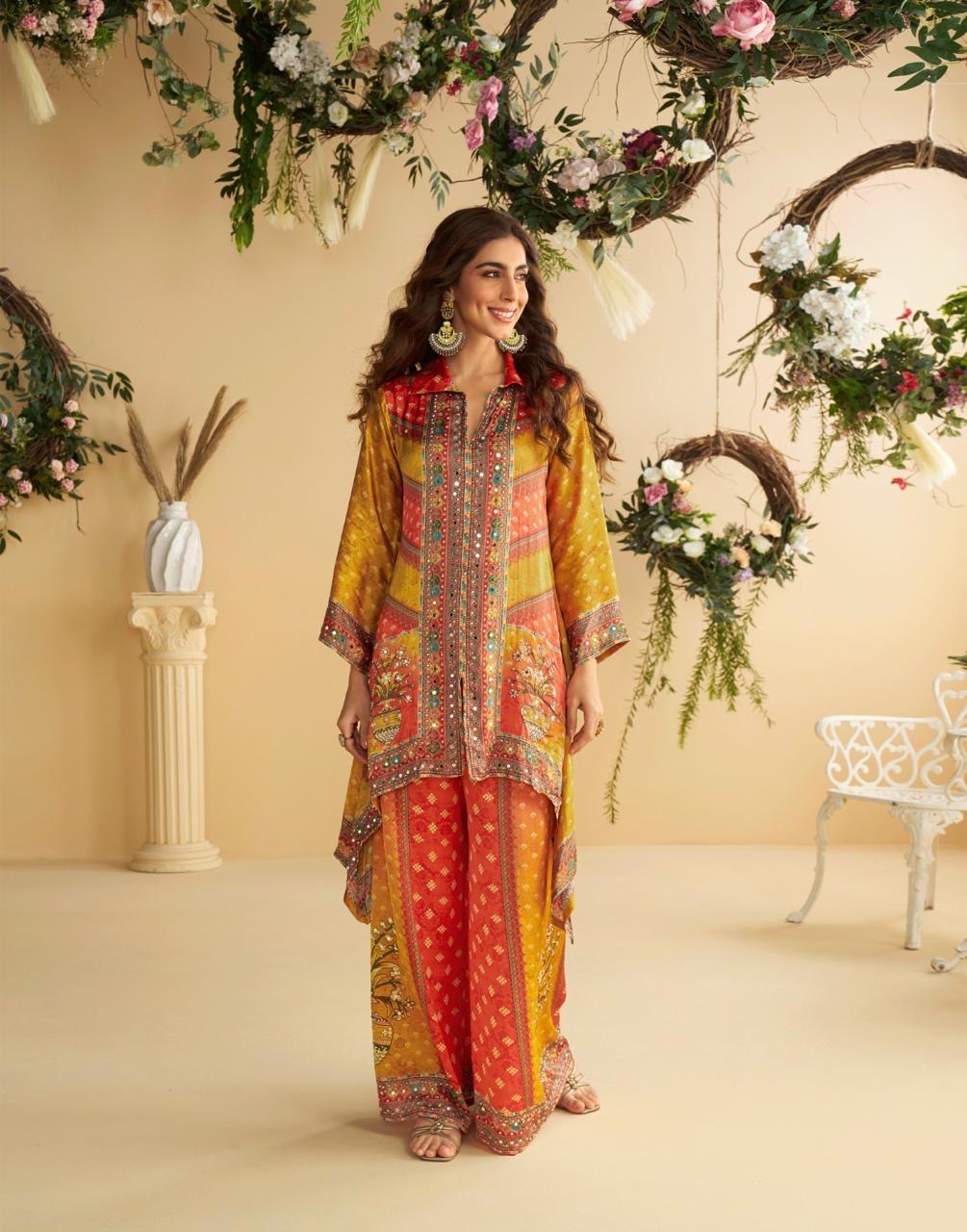 Crepe Silk Digital Printed Co-Ord Set with Mirror Work for Women – Festive Wear Kurta Pant Set
