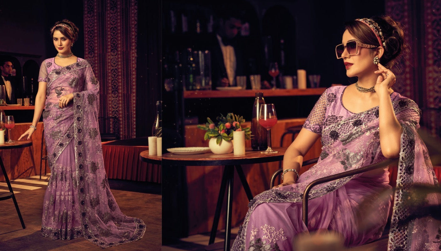 Lilac Sequin Embroidered Saree for Women – Fancy Designer Fabric with Floral Lace Border