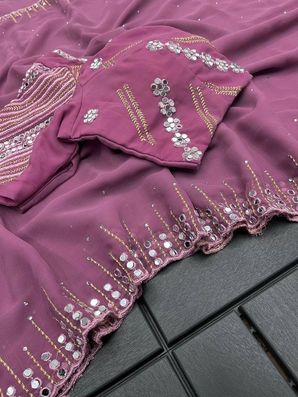 Women’s Pure Georgette Saree with Embroidery and Real Mirror Work, Matching Blouse