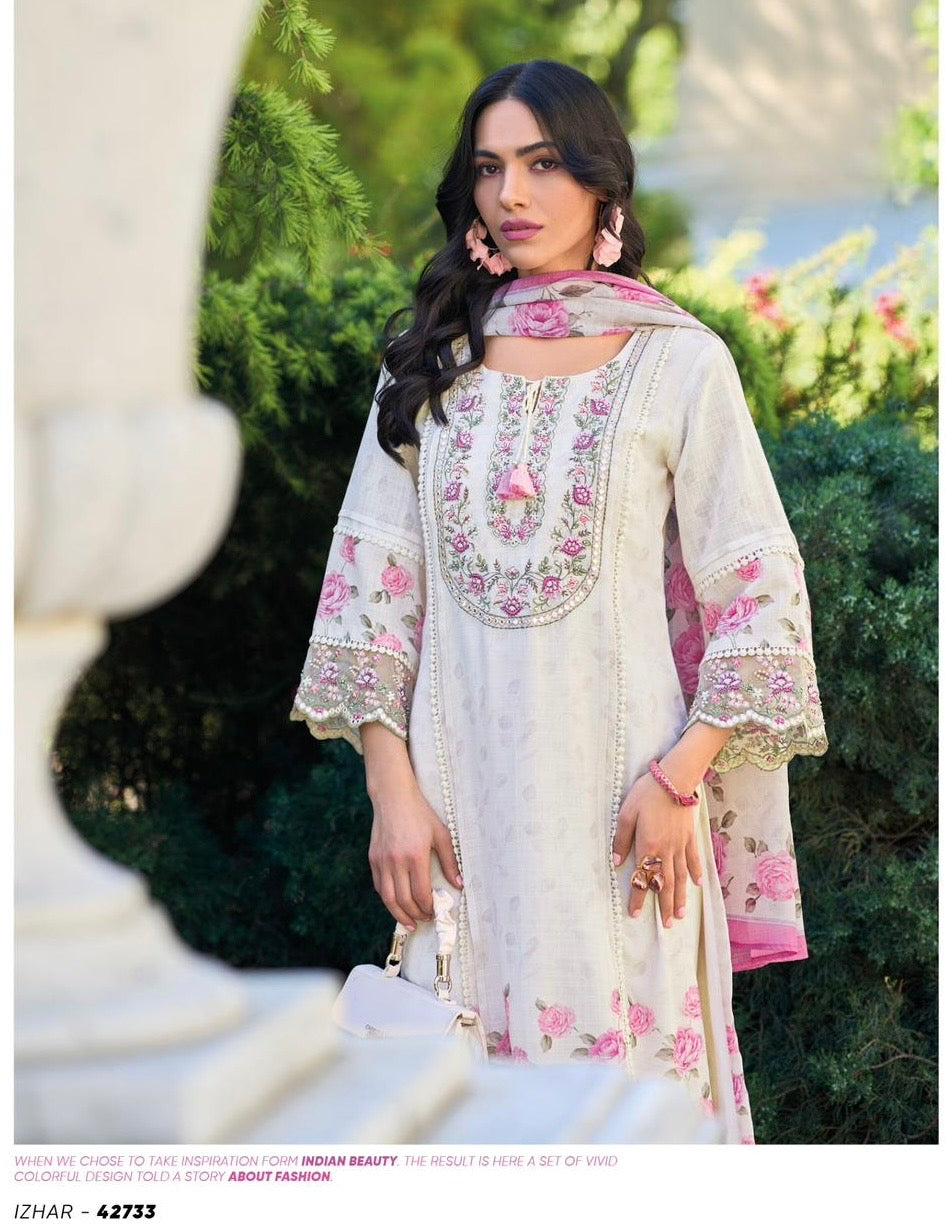 Pure linen fabric with digital prints, pure hand-thread work, and accessory work
