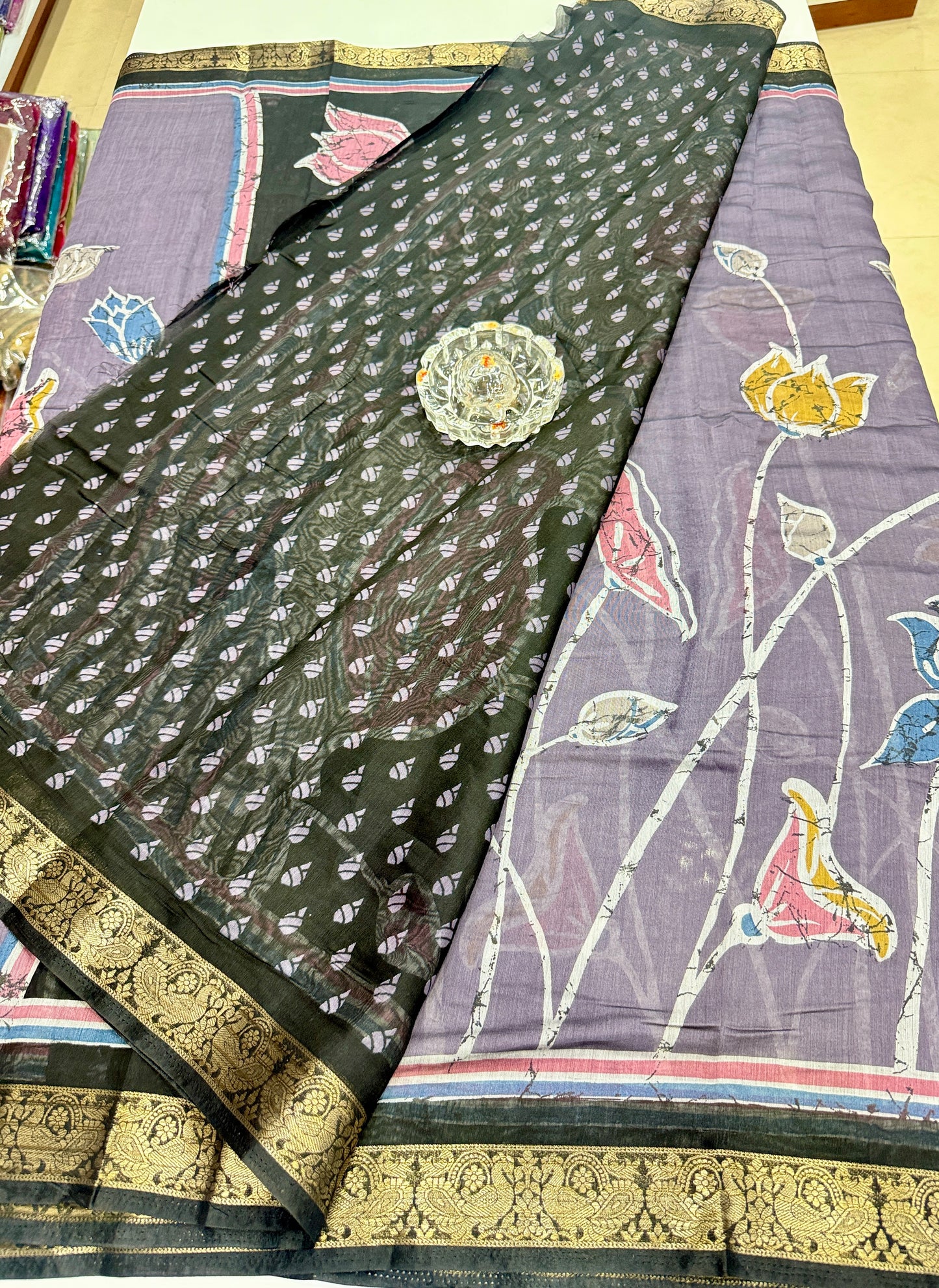 Chennuri silk style printed saree with traditional artwork border and unstitched blouse fabric for women