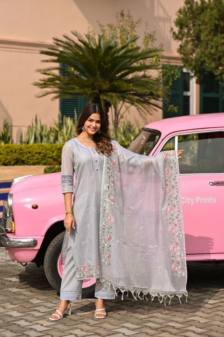 Kota Doria Embroidered Suit Set with Dupatta for Women – Light Grey, Kurta Pant Dupatta