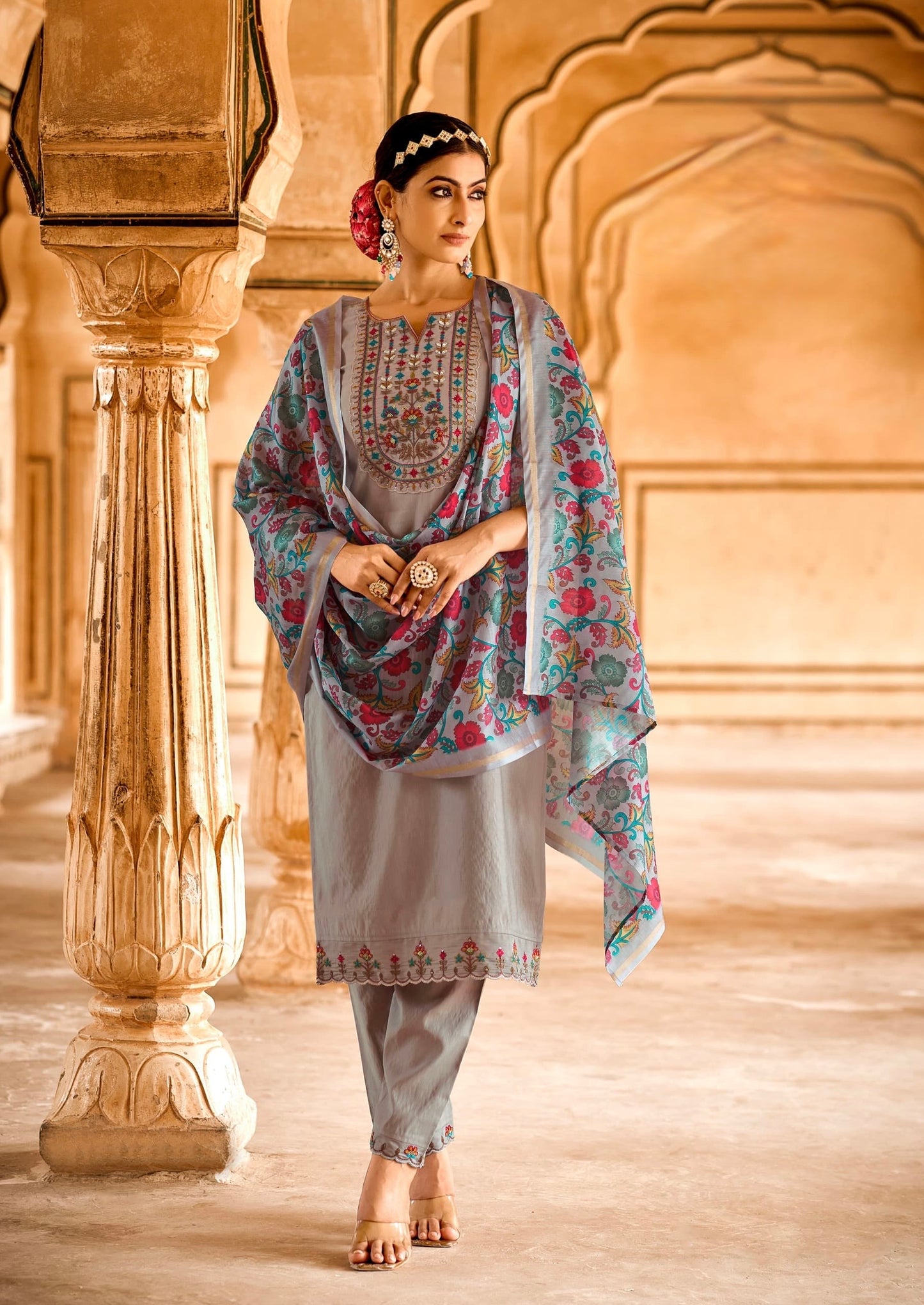 Viscose Embroidered Kurta Pant Dupatta Set with Khatli Mirror Work and Digital Print Dupatta – L to 3XL