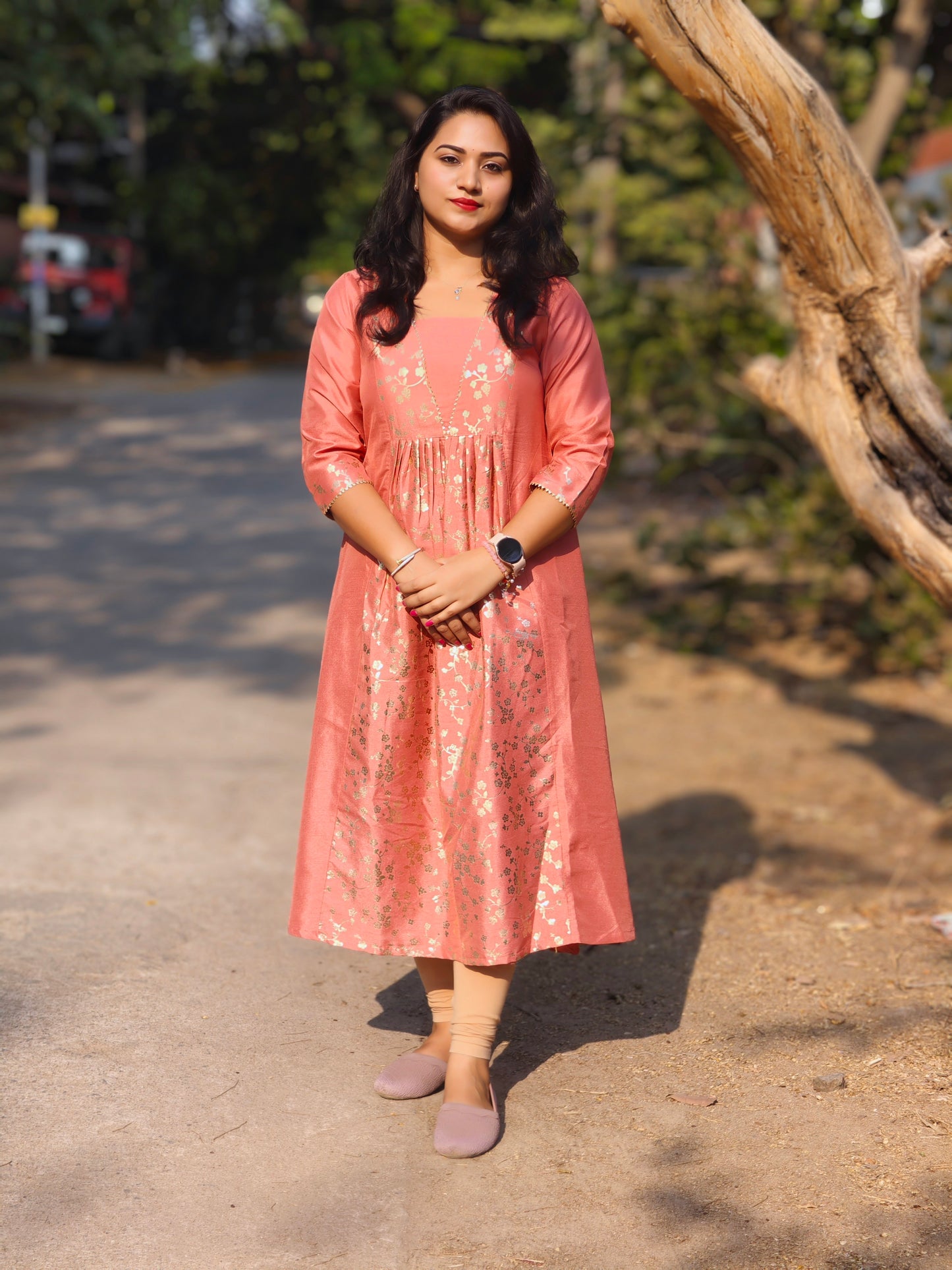 Peach Crepe Silk Floral Panelled Kurta 4375