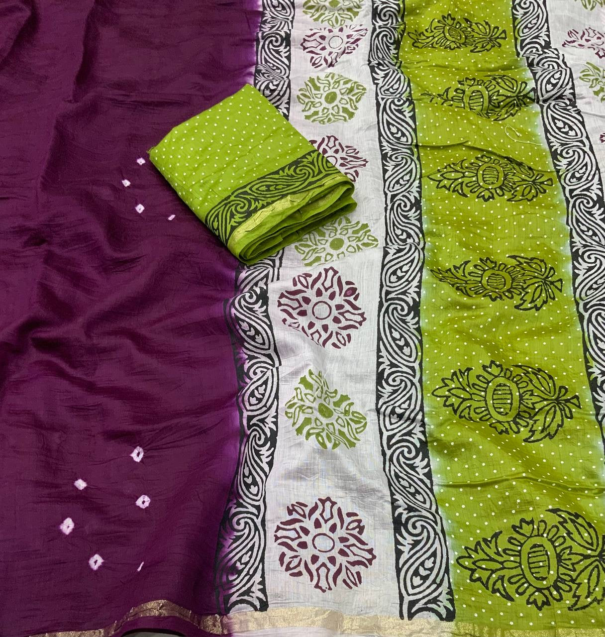 Exquisite Handcrafted Bandhani and Block Print Chanderi Cotton Saree