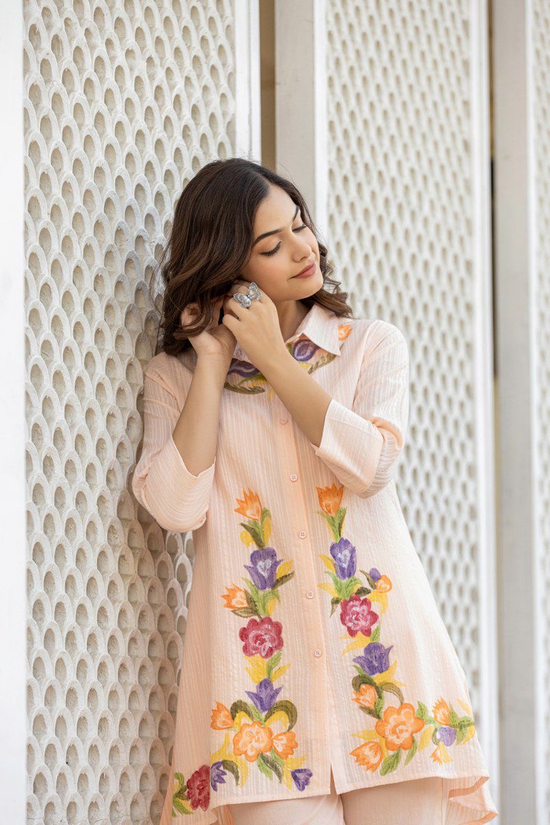 Cotton co-ord set for women with embroidered top and bottom – fully stitched ethnic casual wear