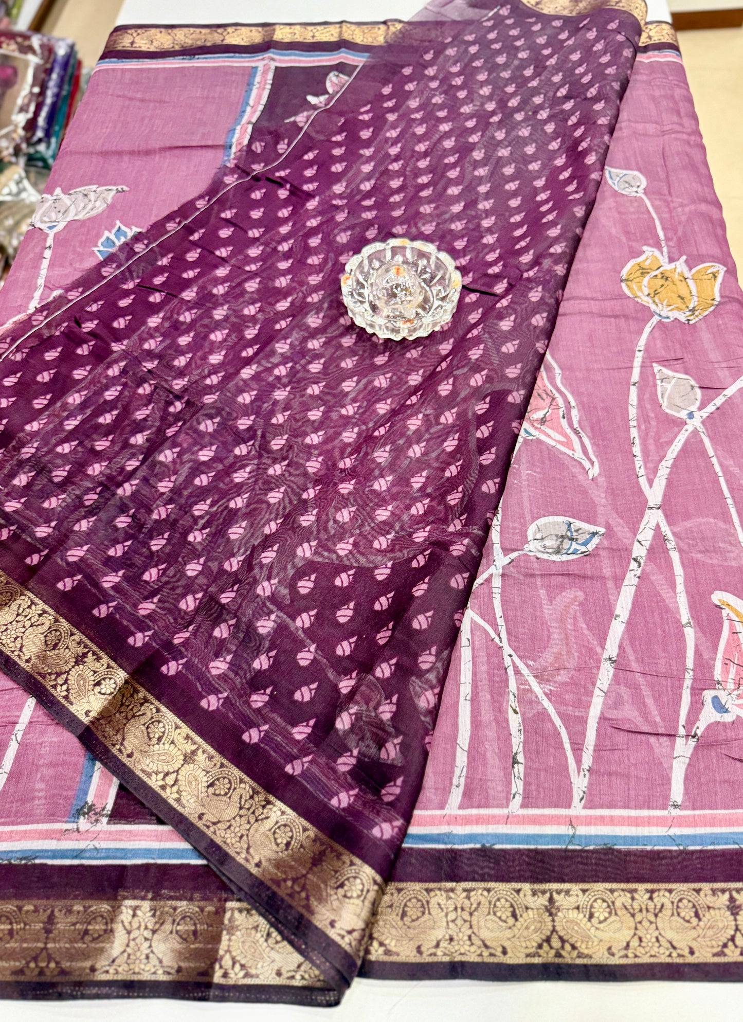 Chennuri silk style printed saree with traditional artwork border and unstitched blouse fabric for women