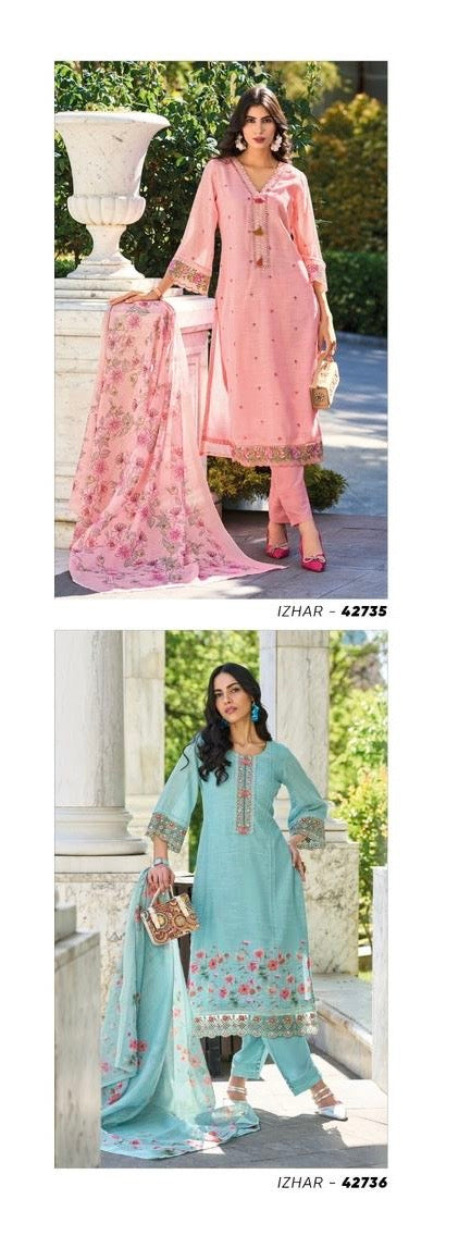 Pure linen fabric with digital prints, pure hand-thread work, and accessory work