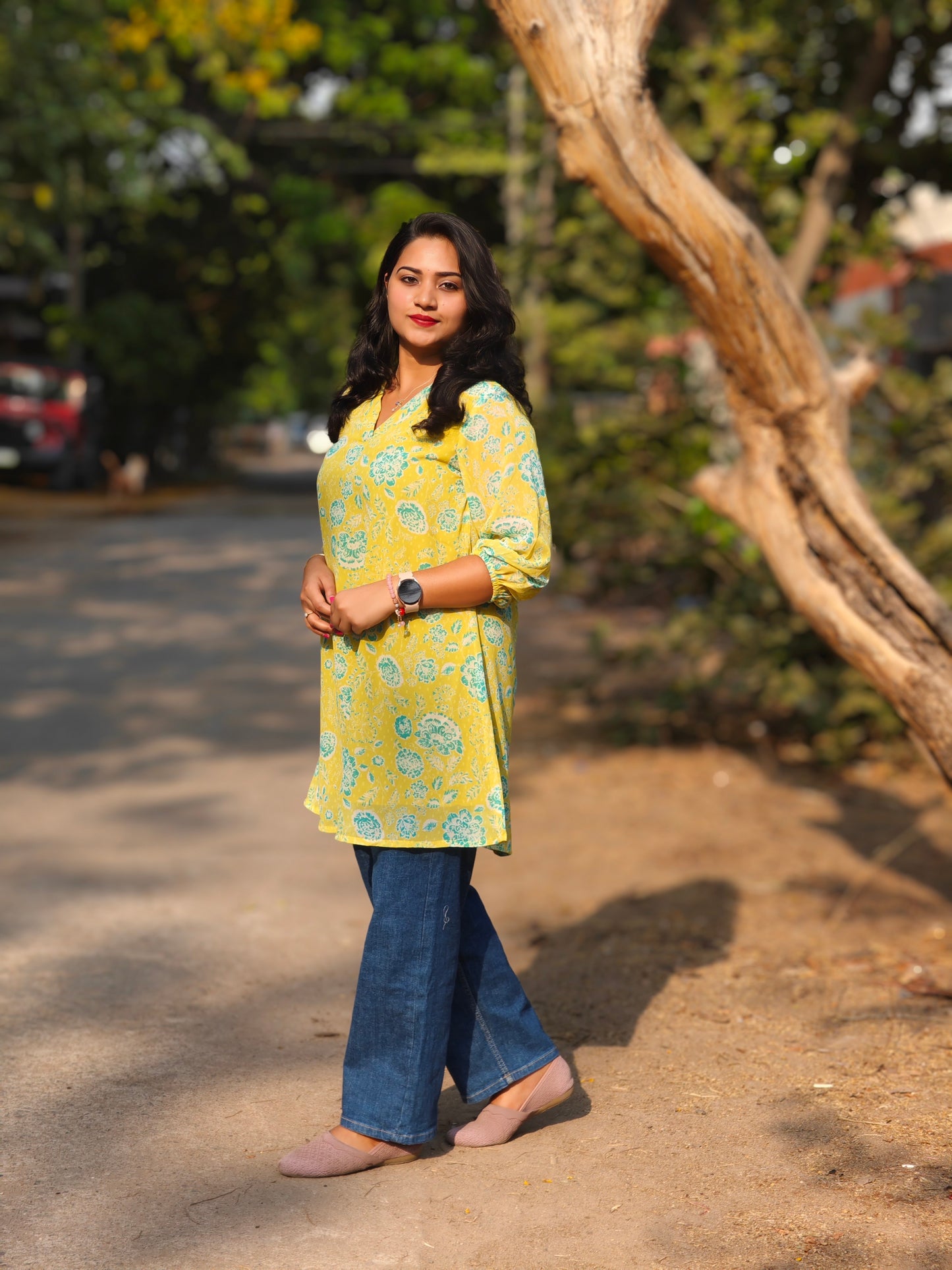 Lime Floral Design Georgette Tunic