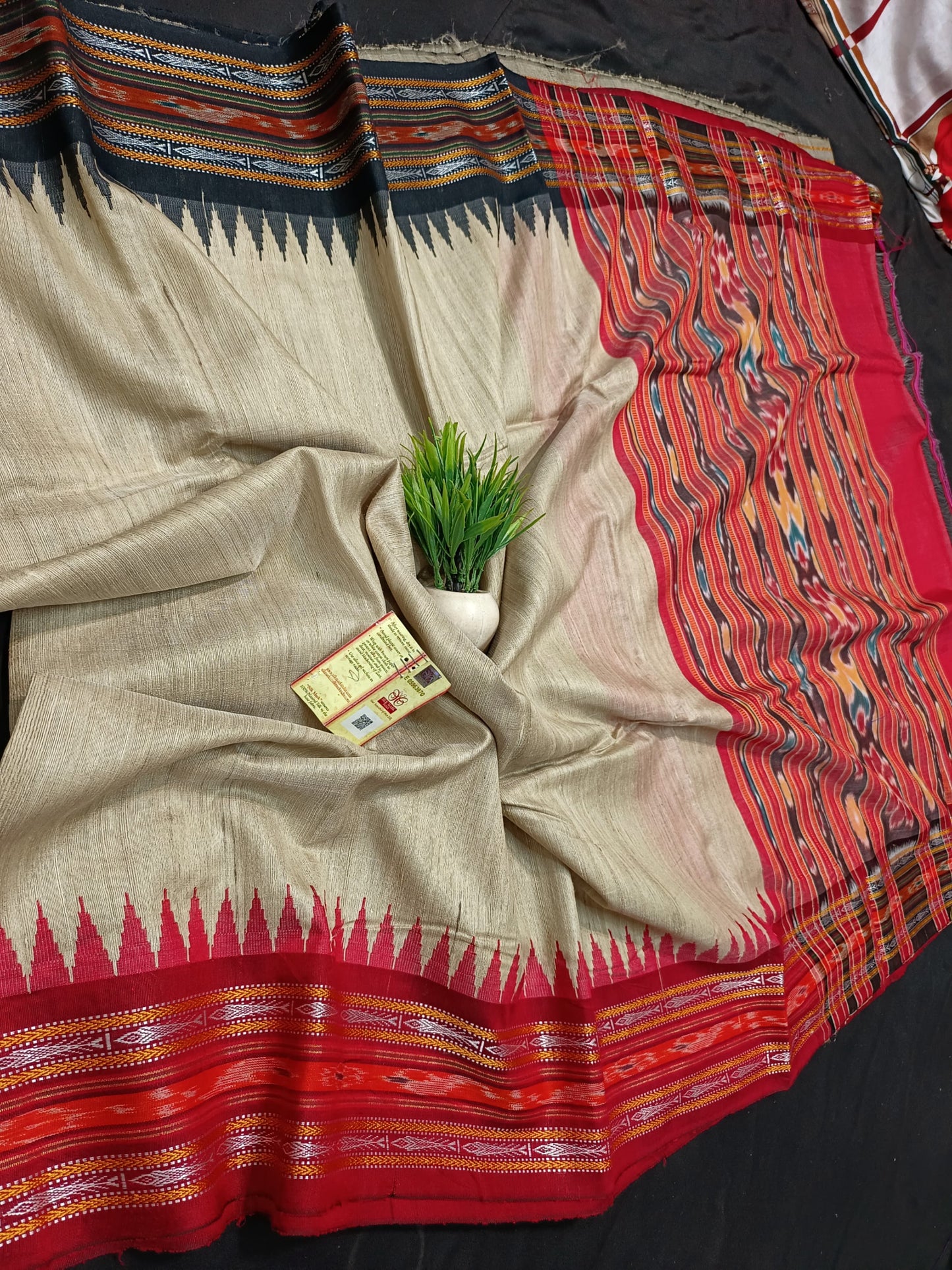 CLEARANCE SALE Elegance Embroidered Handloom Tussar Silk Saree with Ikkat and Vidarbha Temple Border