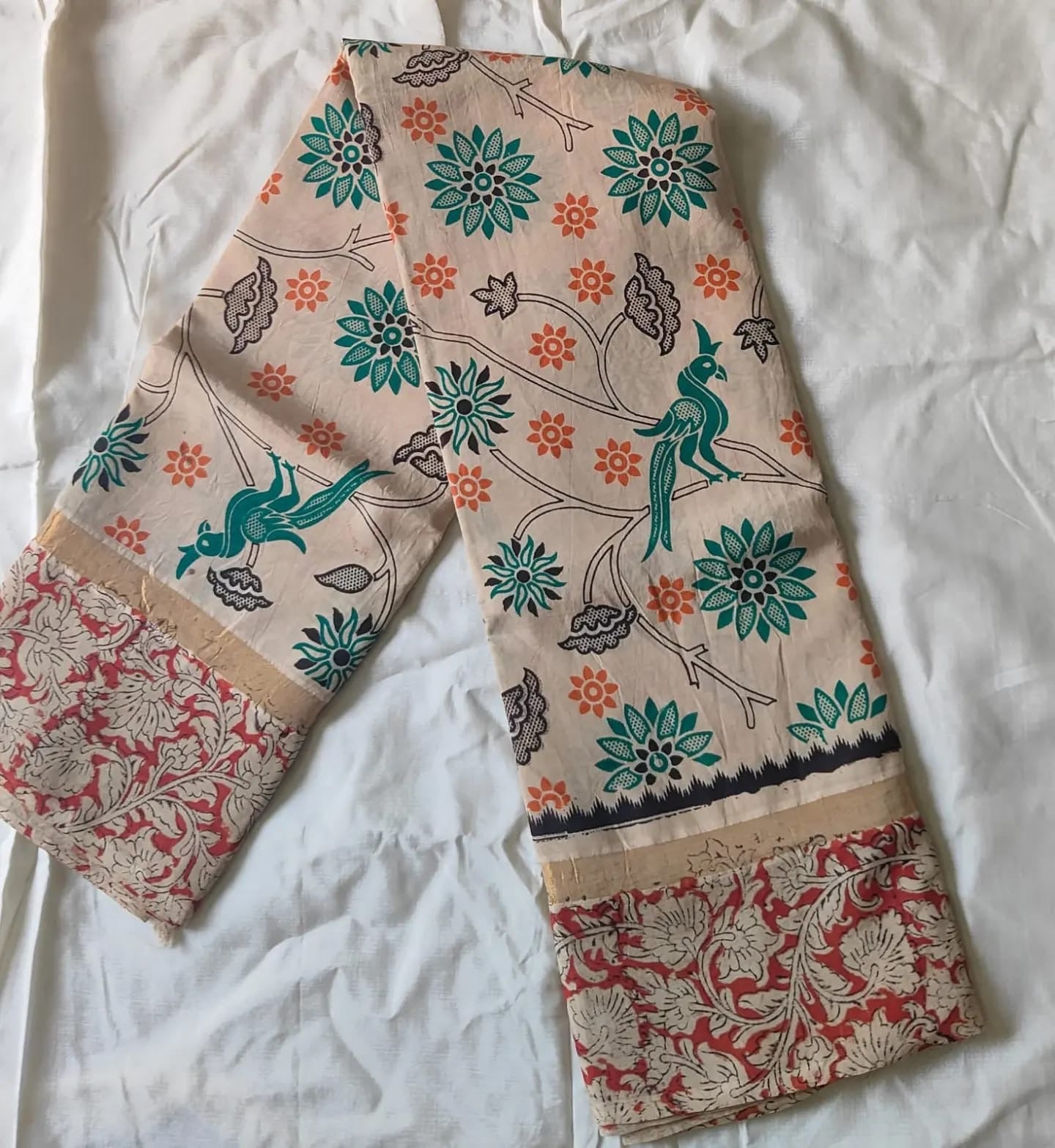 Exquisite Handloom Nellore Silk Saree with Kalamkari Print & Hand Printed Border