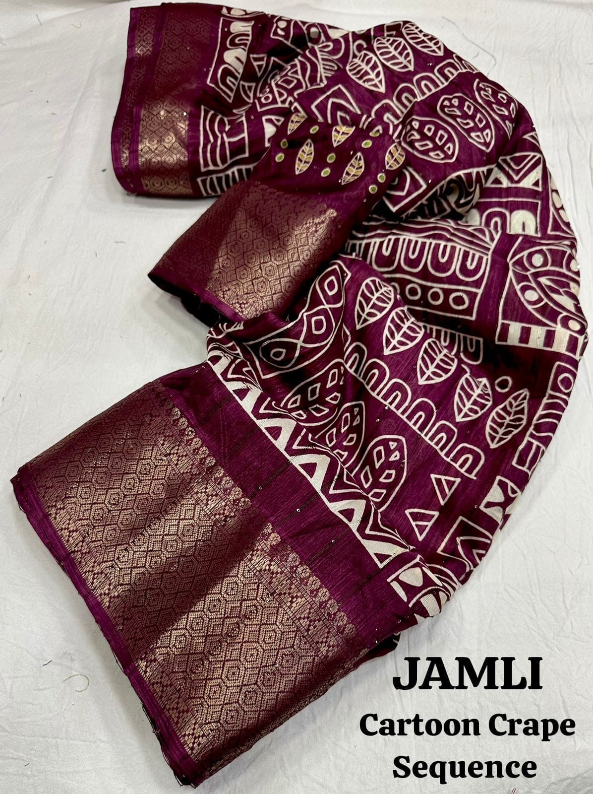 Cotton Crepe Saree with Sequence Work and Batik Print – Running Blouse Included