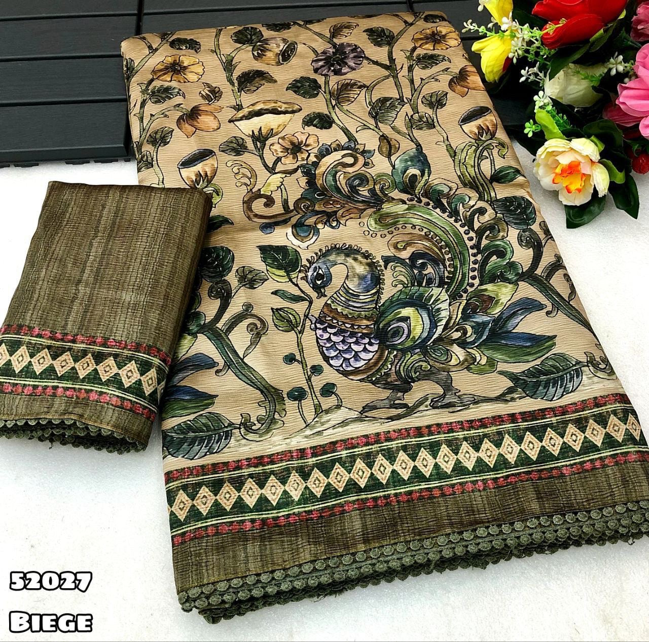 New Arrival: Tussar Silk Floral Kalamkari Digital Print Crush Saree