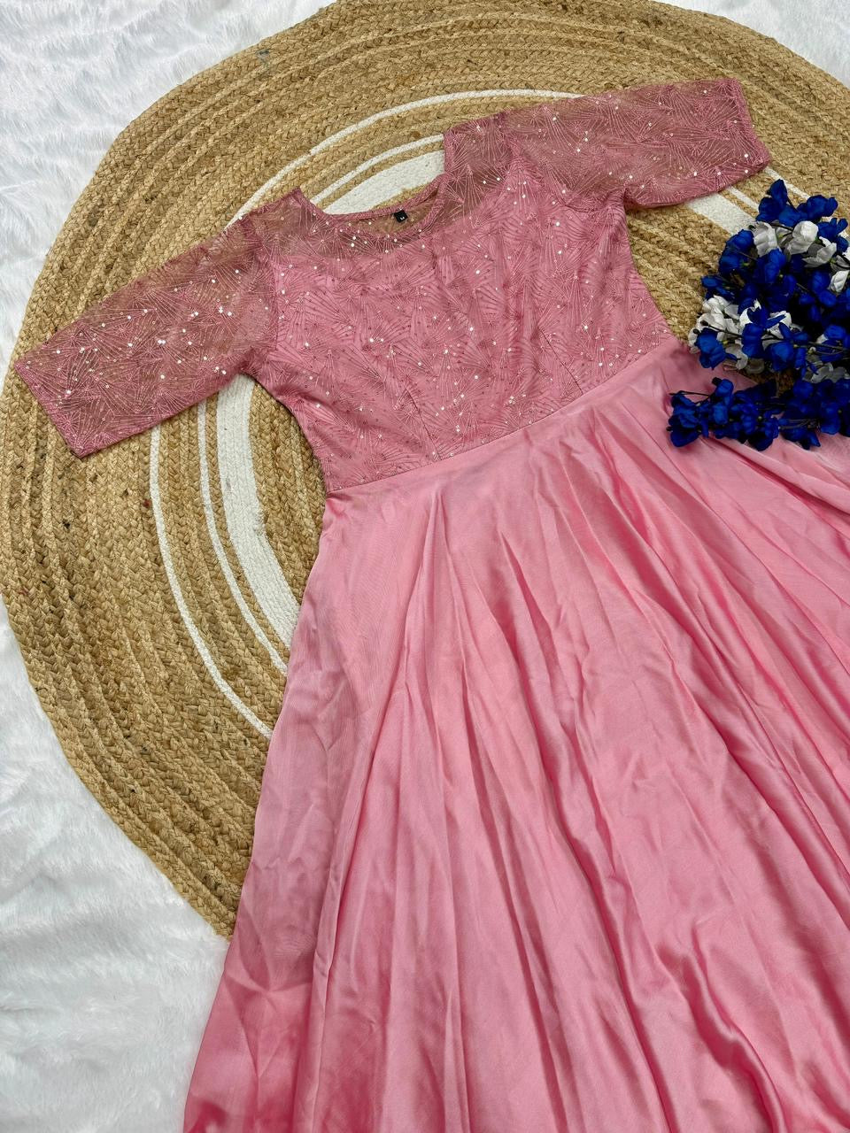 Stunning Pastel Pink Party Wear Gown with Butterfly Net and Embroidery