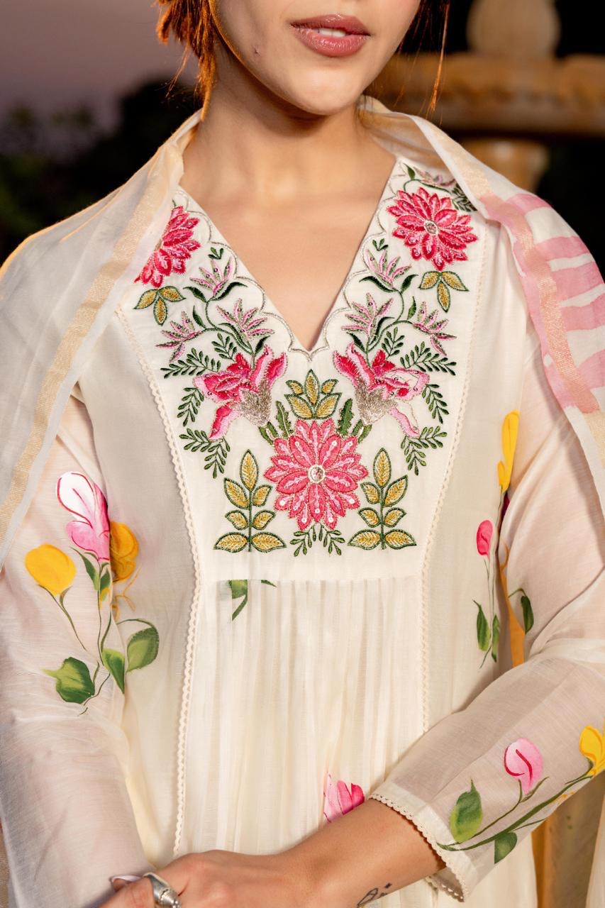 Mal Chanderi Anarkali Kurti Pant Dupatta Set with Embroidery and Hand-Painted Digital Design for Women