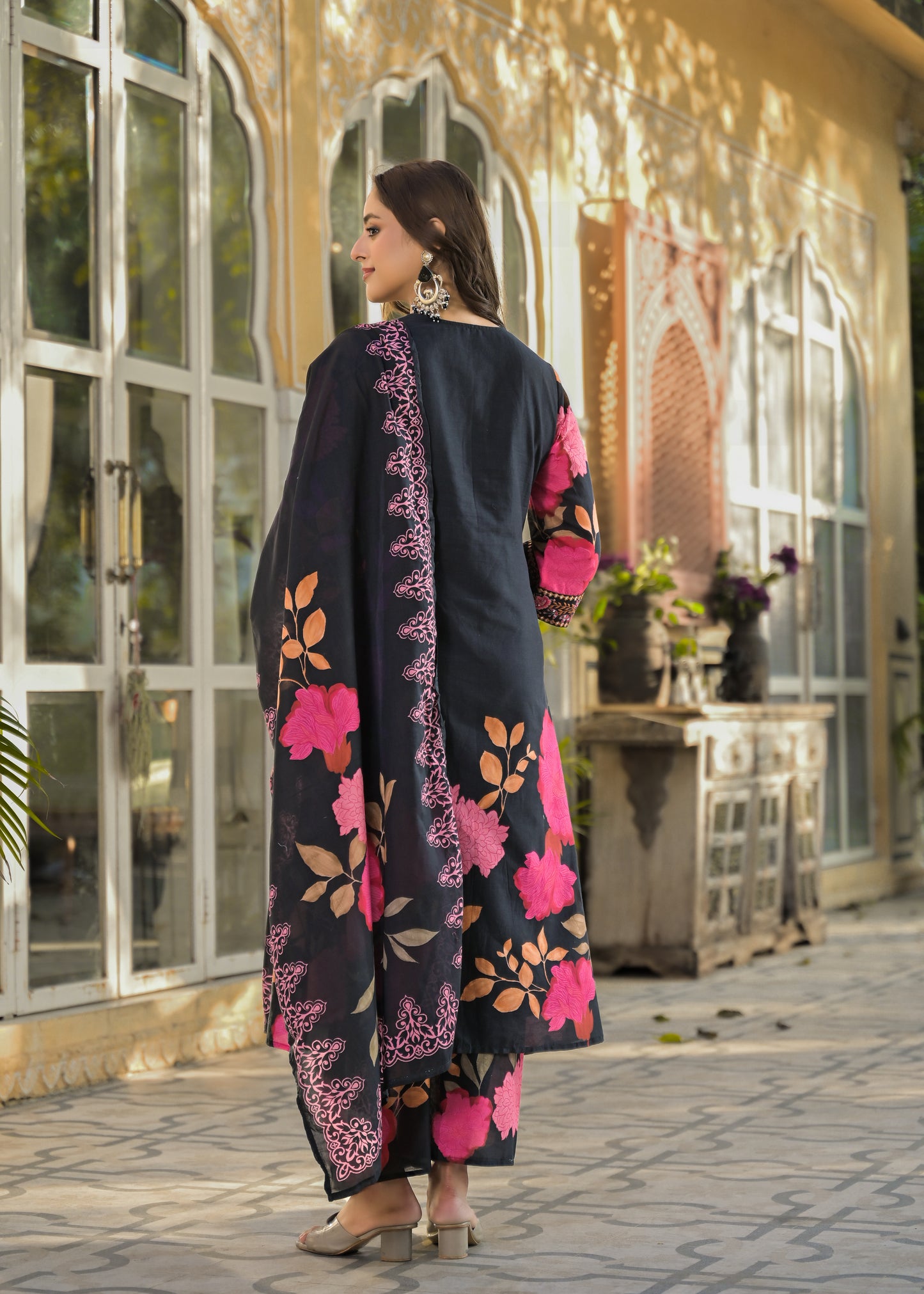 Floral Cotton Kurta Pant Dupatta Set with Pintuck Design Thread and Sequence Work for Women
