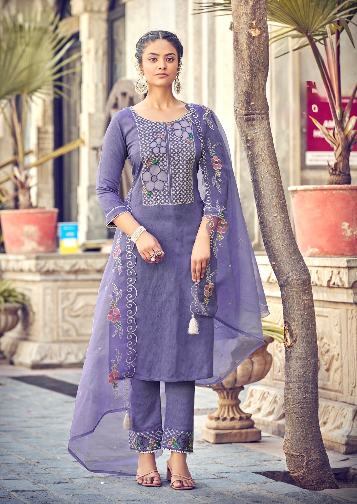 Viscose Embroidered Kurta Pant Set with Organza Dupatta for Women – Plus Sizes Available