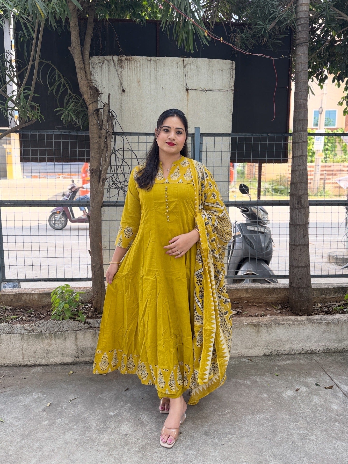 Cotton Printed Anarkali Suit Set with Embroidered Yoke and Dupatta – Mustard Yellow (Women’s Ethnic Wear)