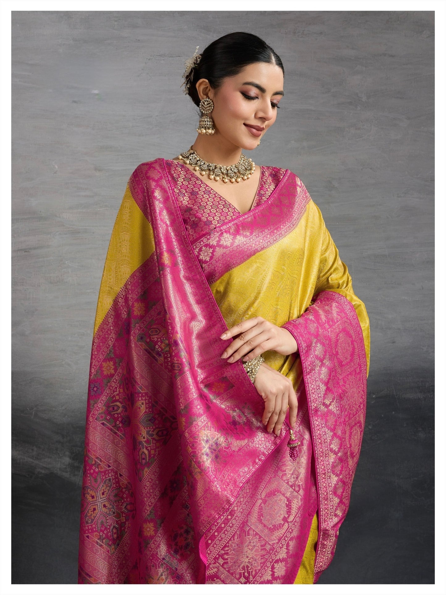 Kanjivaram Soft Silk Saree with Double Zari Kadiyal Border, Meenakari Pallu and Brocade Blouse