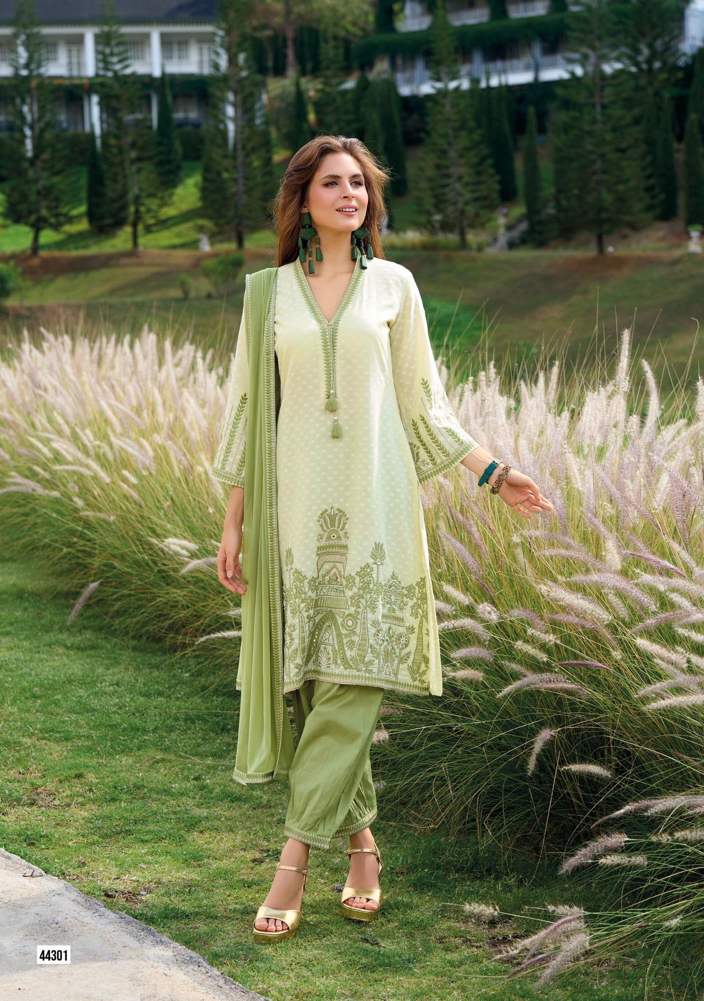 Cotton Dobby Kurti Afghani Pant Dupatta Set with Mirror Hand Work and Chiffon Dupatta for Women