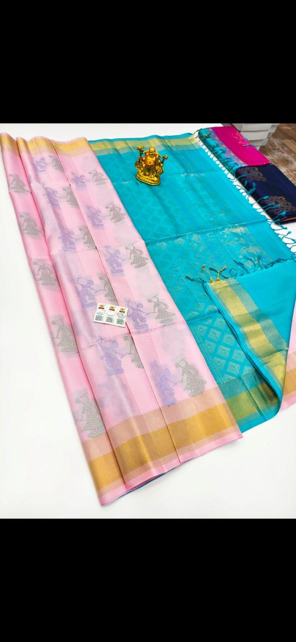 Pastel Elegance : Handloom Soft Silk Sarees with Golden Glamour