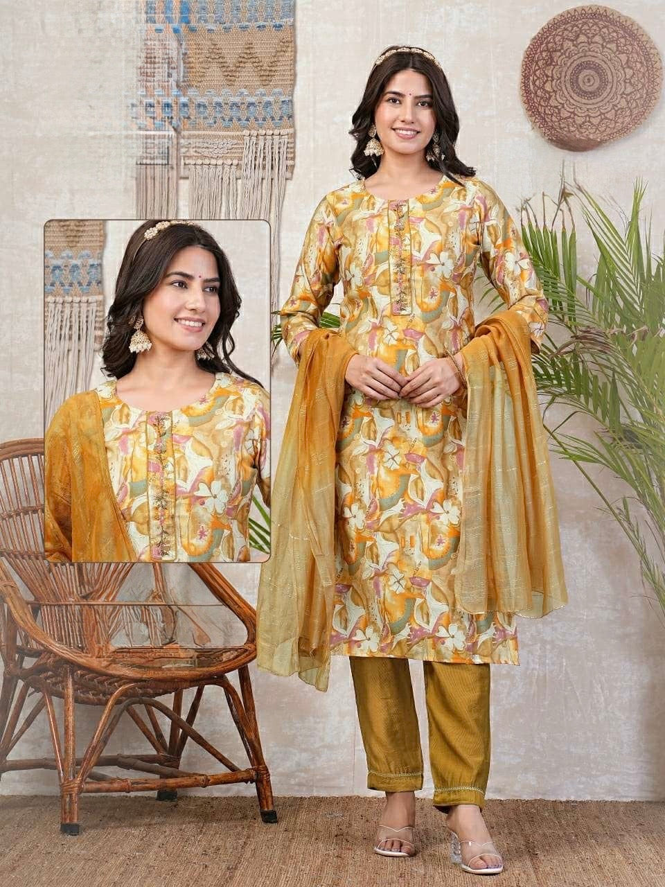 Chanderi Foil Print Kurti Set with Silk Bottom and Jacquard Sequins Dupatta – Women’s Sizes L, XL