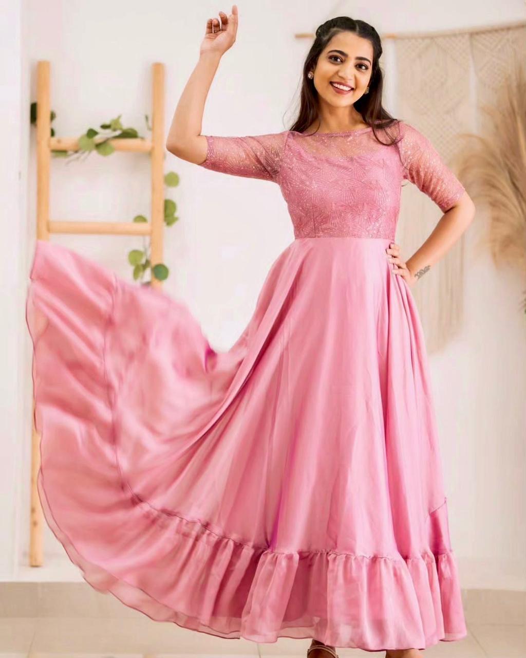 Stunning Pastel Pink Party Wear Gown with Butterfly Net and Embroidery