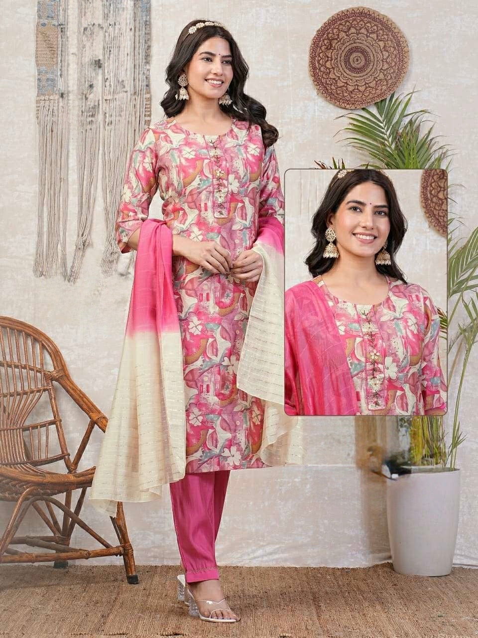 Chanderi Foil Print Kurti Set with Silk Bottom and Jacquard Sequins Dupatta – Women’s Sizes L, XL