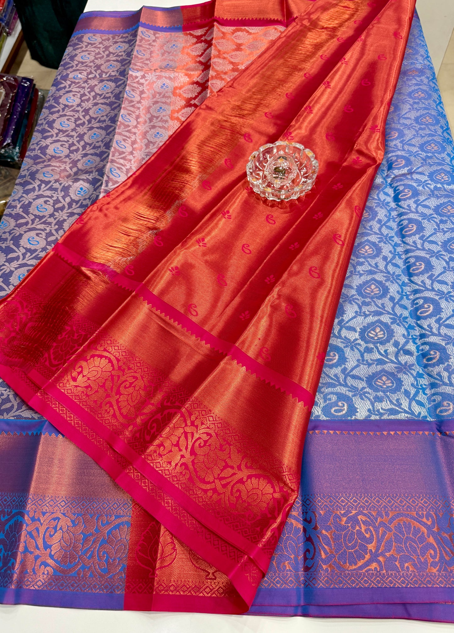 Bridal tissue saree for women with woven zari work and contrast border, kanchipuram style powerloom saree with blouse fabric