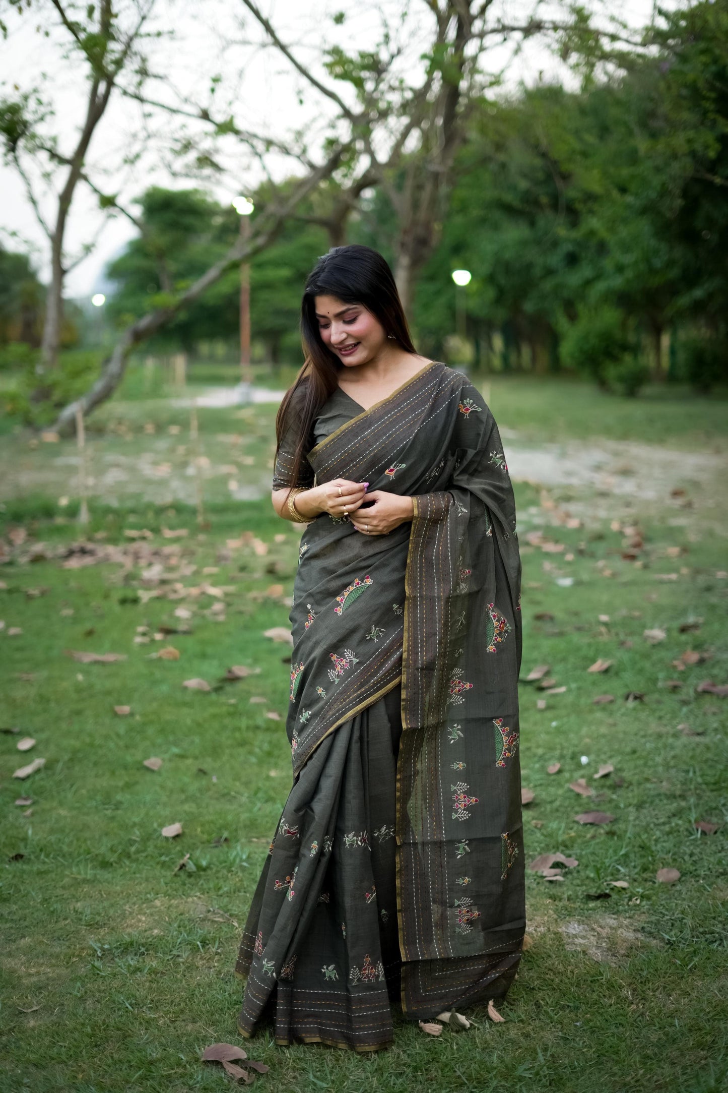 Kantha Stitch Border Saree Premium Kaadi Tussar Silk Saree