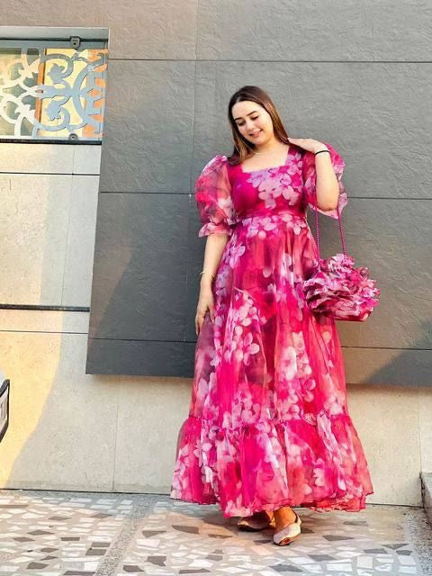 Hot Pink Organza Maxi Dress