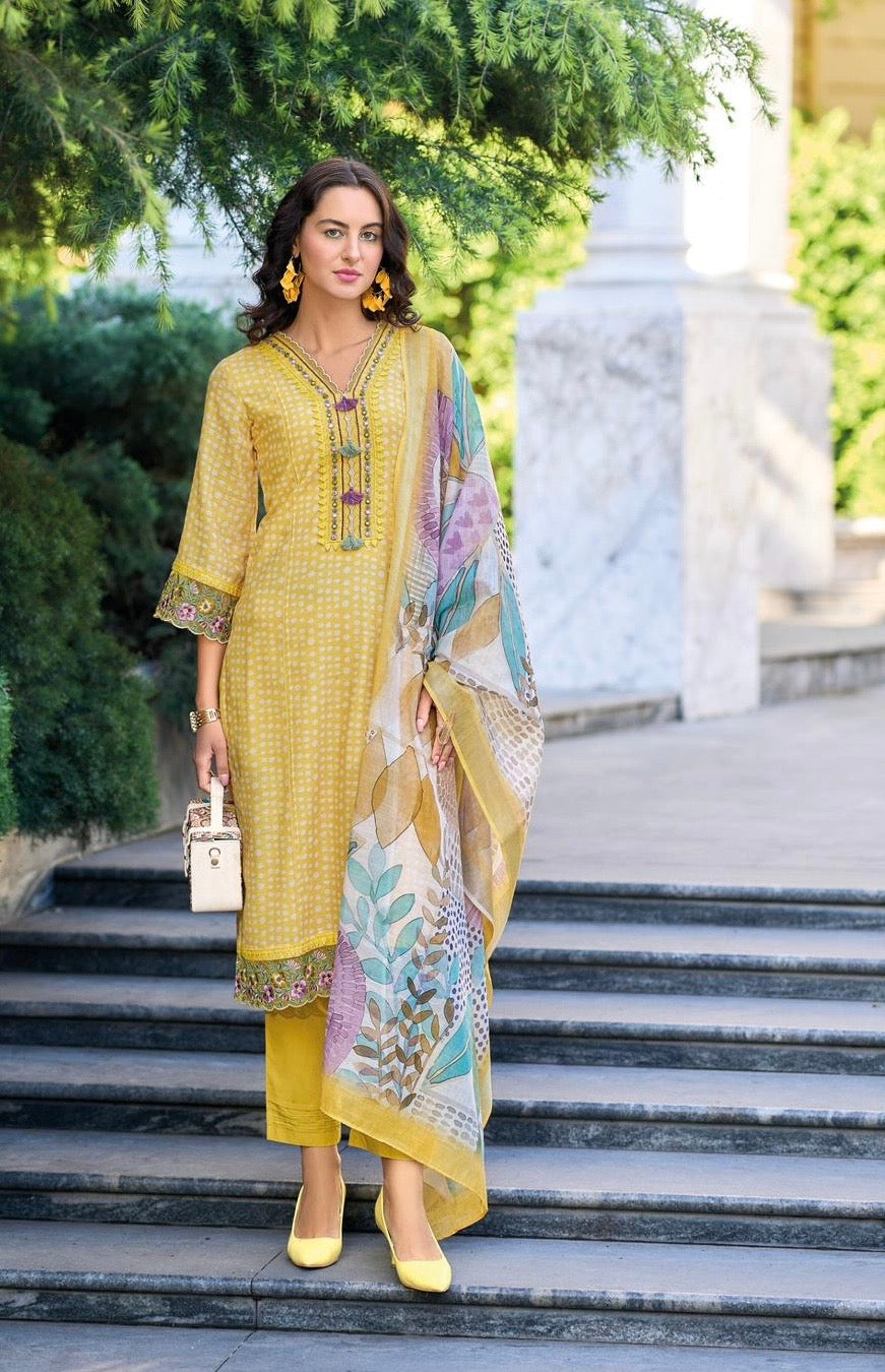 Pure linen fabric with digital prints, pure hand-thread work, and accessory work
