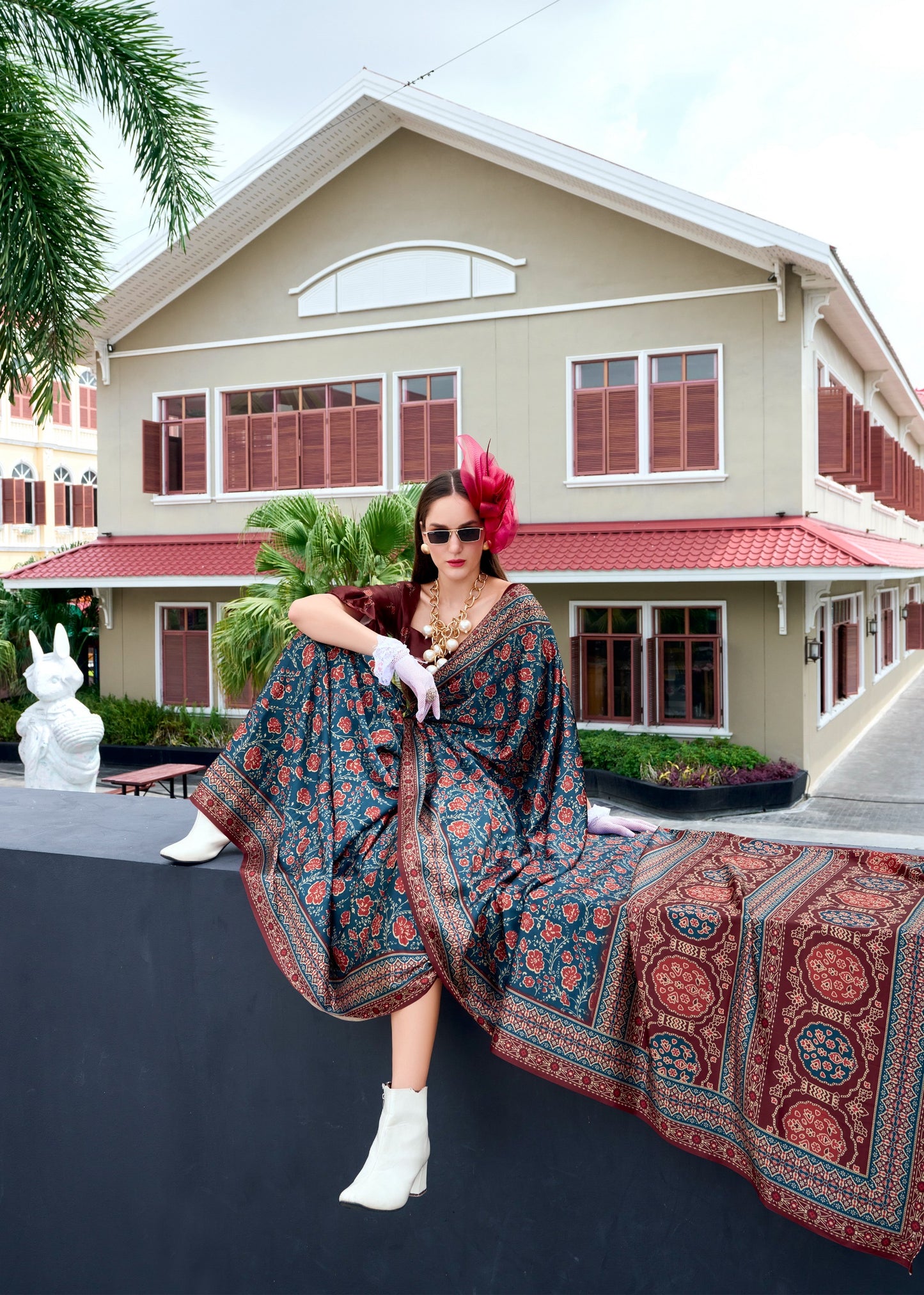 Pure Satin Silk Saree with Ajrakh Print – Festival and Traditional Wear Saree for Women