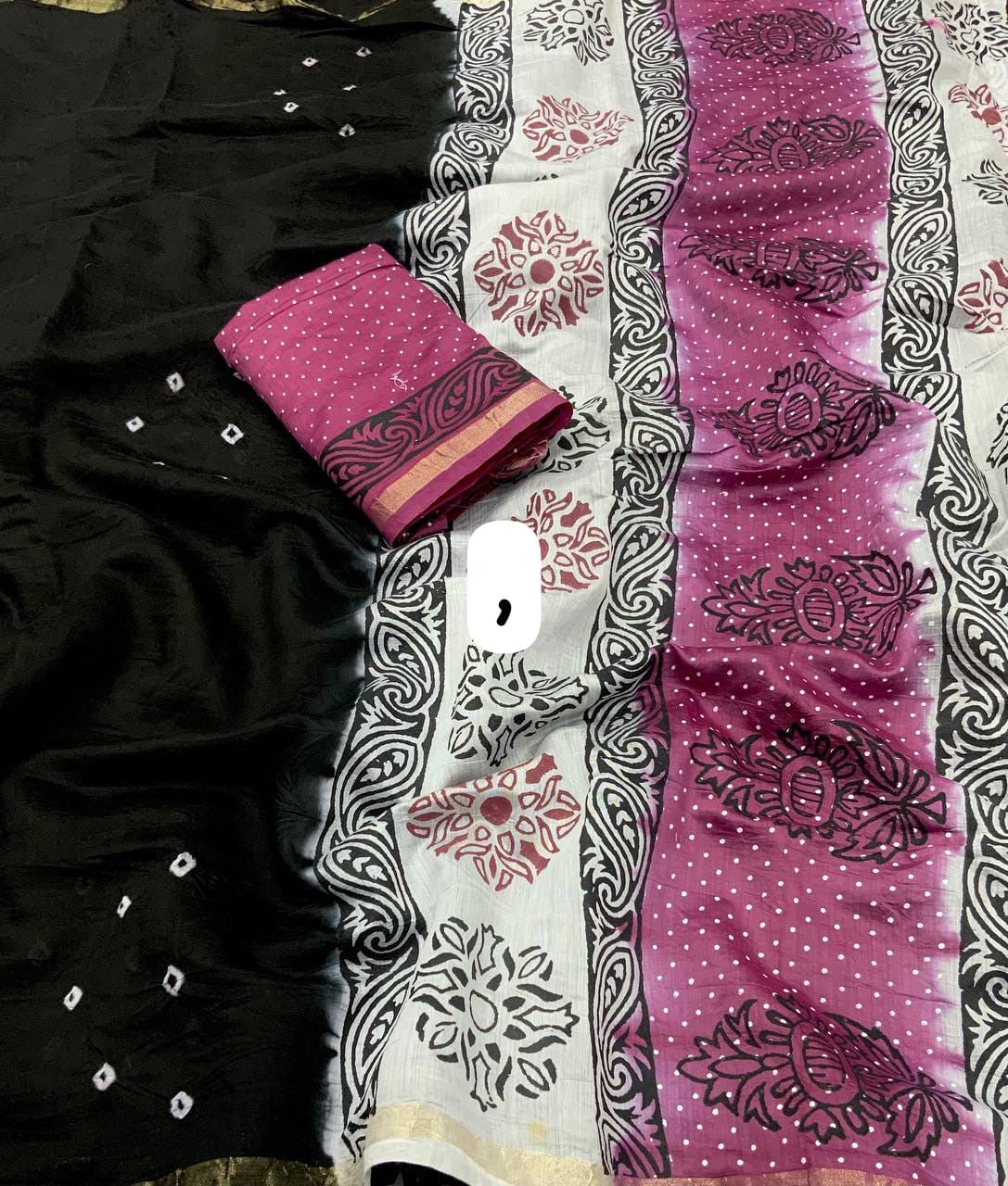 Exquisite Handcrafted Bandhani and Block Print Chanderi Cotton Saree