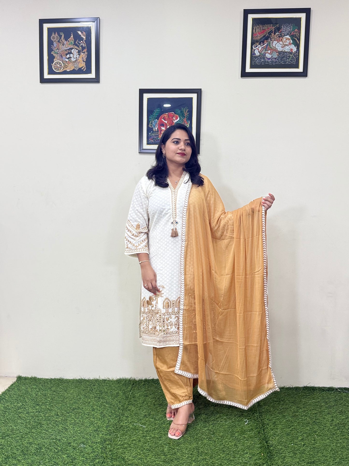 Cotton Dobby Kurti Afghani Pant Dupatta Set with Mirror Hand Work and Chiffon Dupatta for Women
