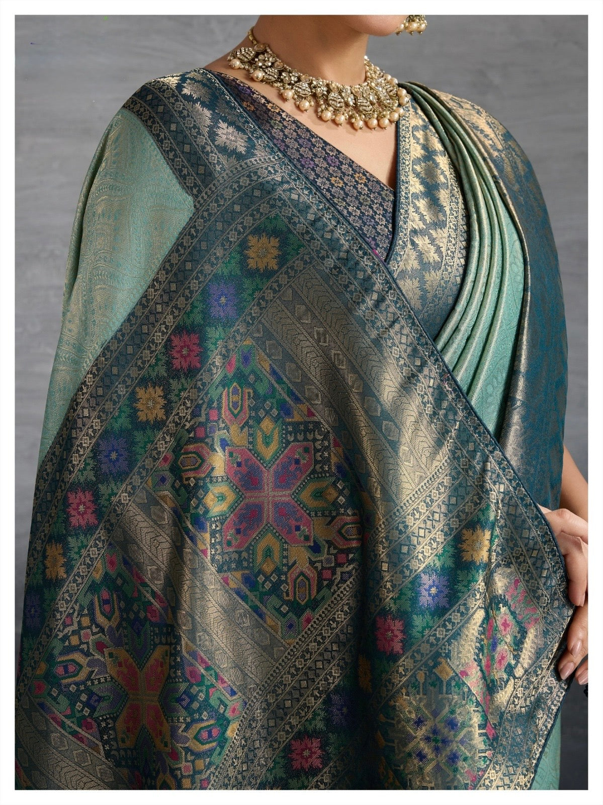 Kanjivaram Soft Silk Saree with Double Zari Kadiyal Border, Meenakari Pallu and Brocade Blouse