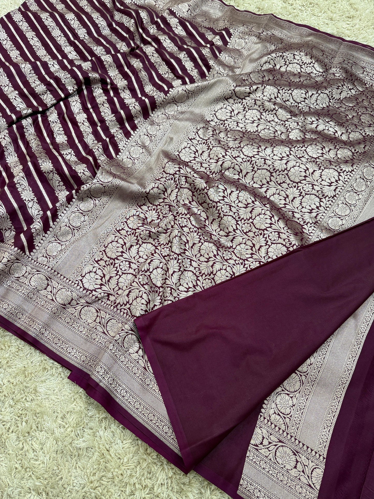 Handloom Banarasi Mashru Katan Silk Saree with Aada Weave and Border Blouse
