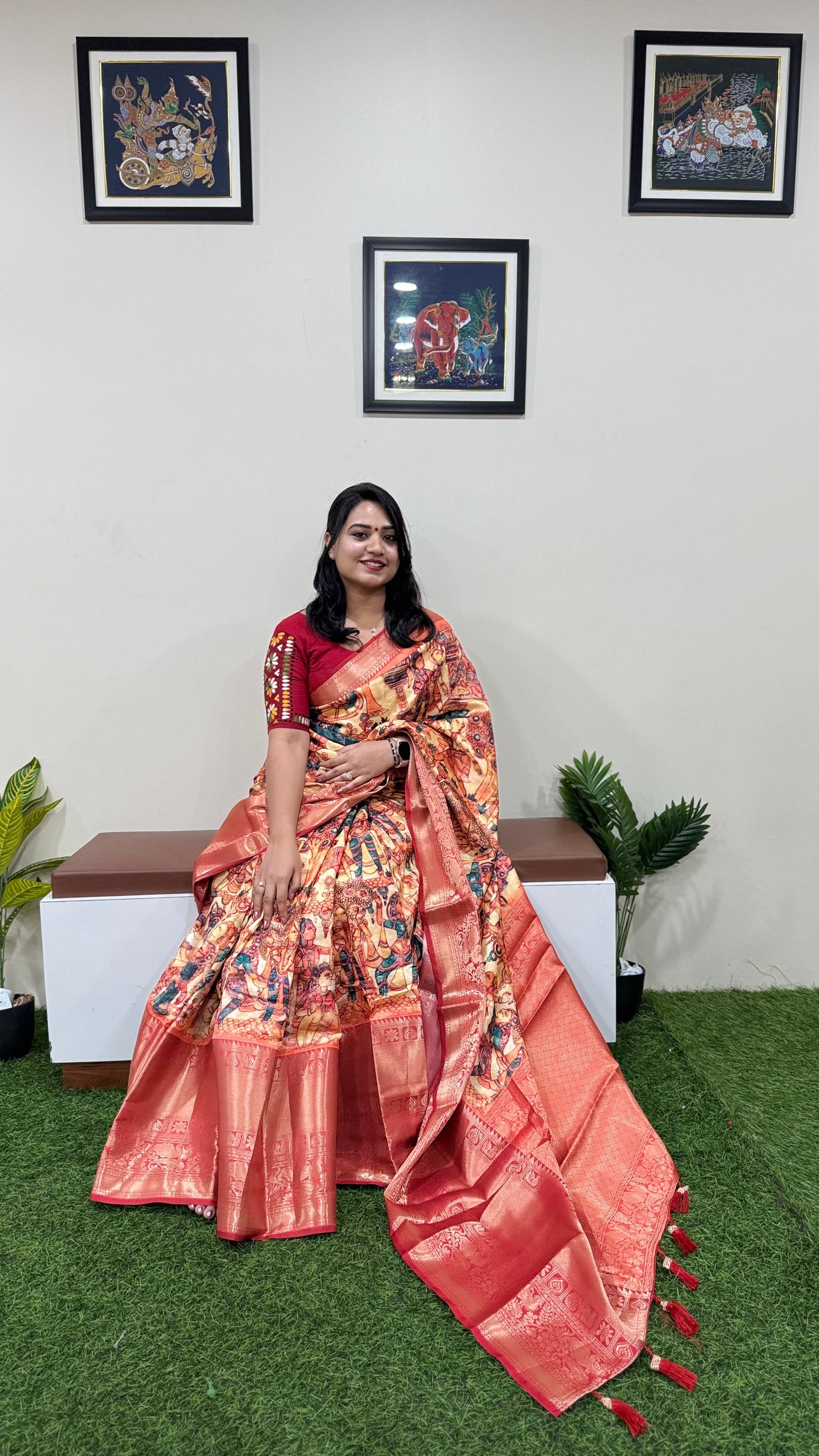 Banarasi Soft Silk Saree with Kalamkari Block Print and Zari Weaving – Party Wear for Women