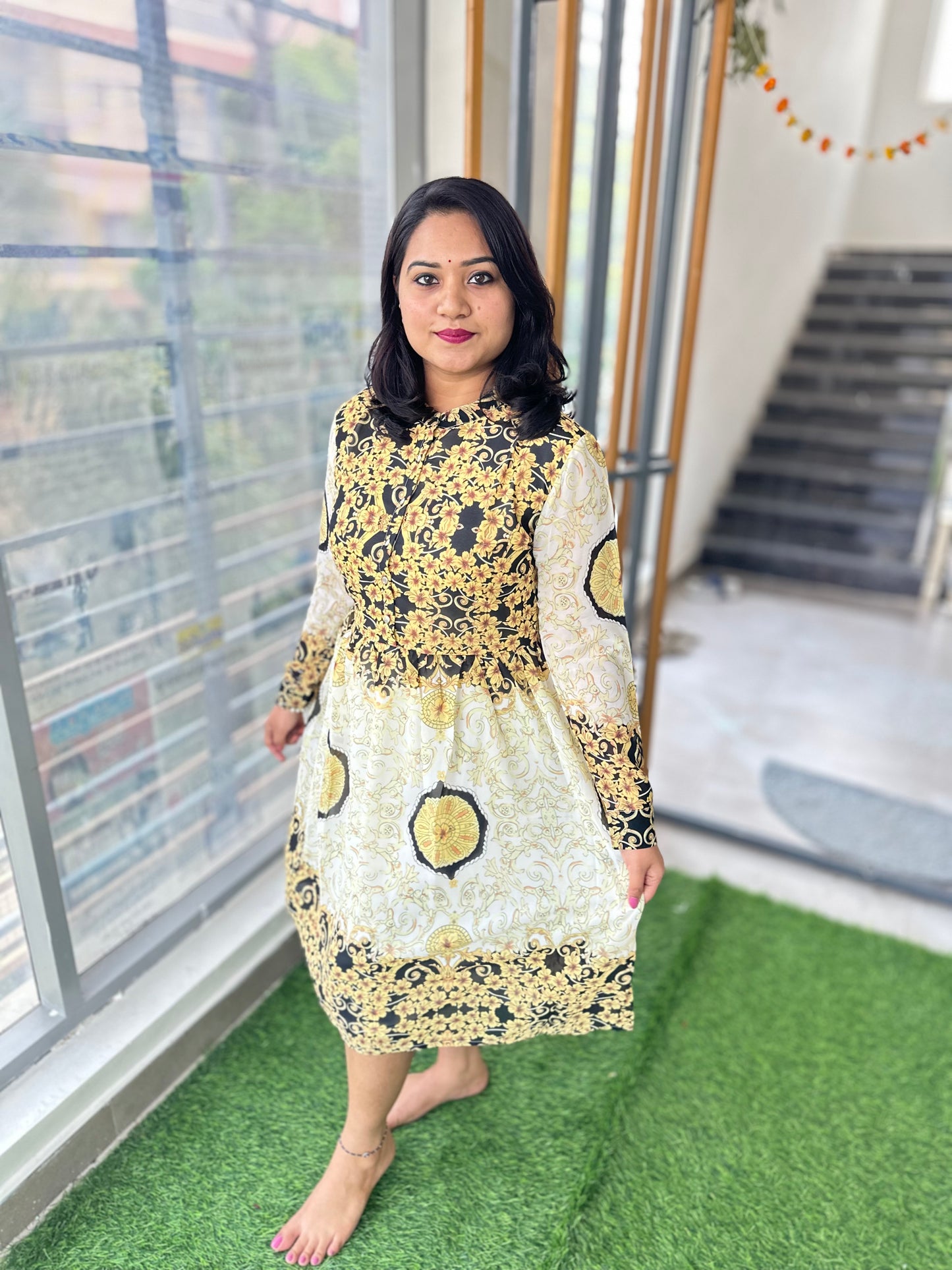 Chic Indo-Western Chiffon Midi Dress with Digital Print and Flap Sleeves