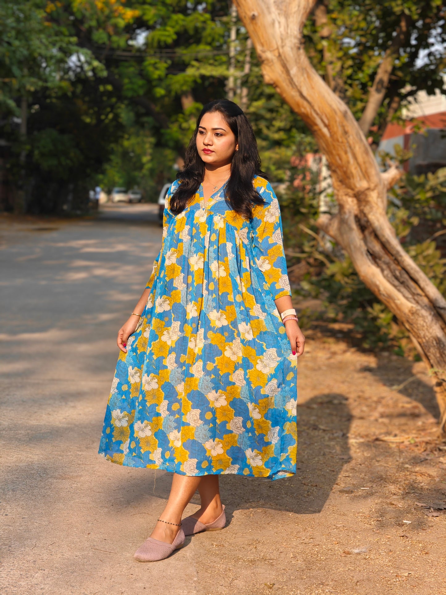Blue Chiffon Lurex Floral Printed Flared Dress