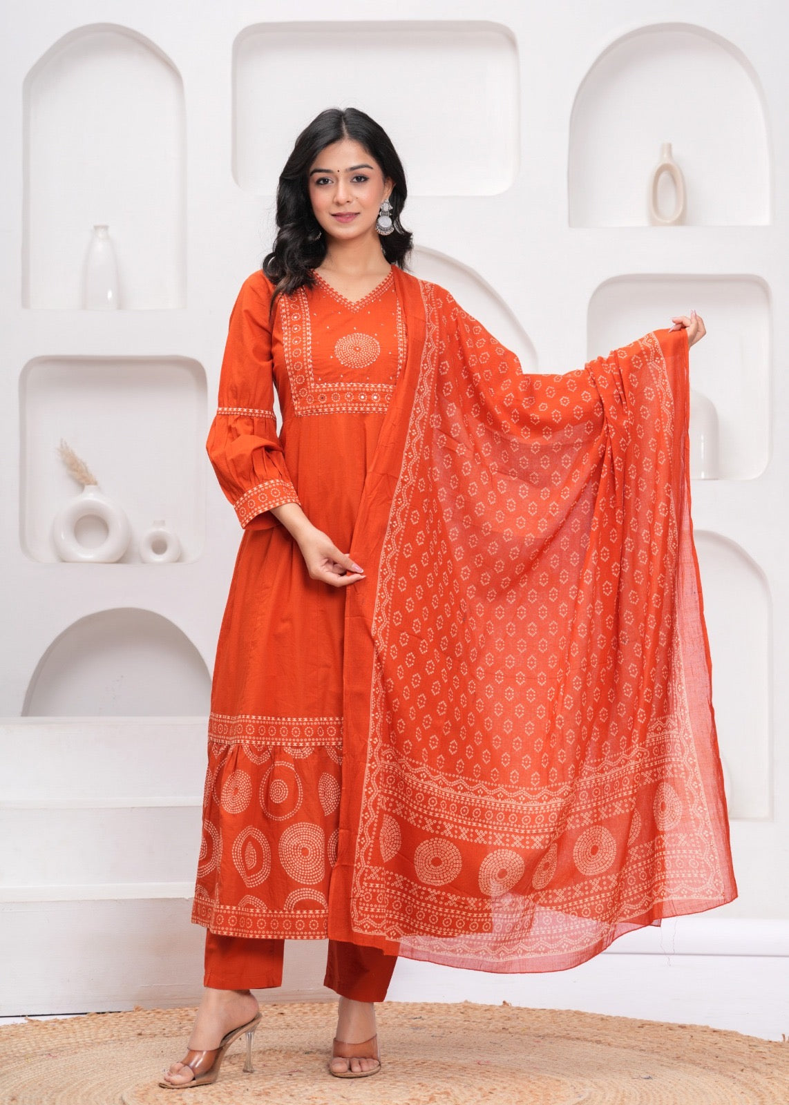 elegant rust cotton kurta set with mirror & sequin hand detailing