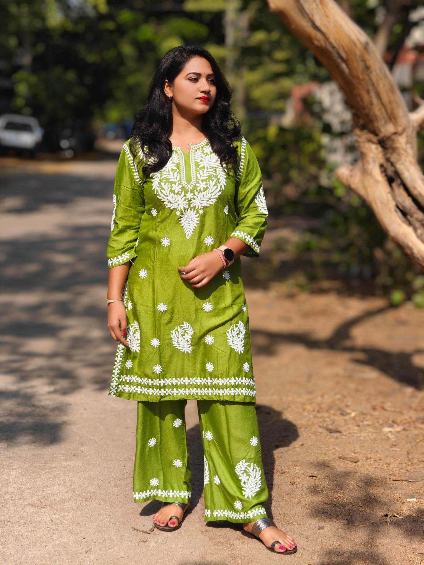 Green Lucknowi Chikankari Embroidered Cotton Top Bottom Set for Women – Handcrafted Ethnic Wear