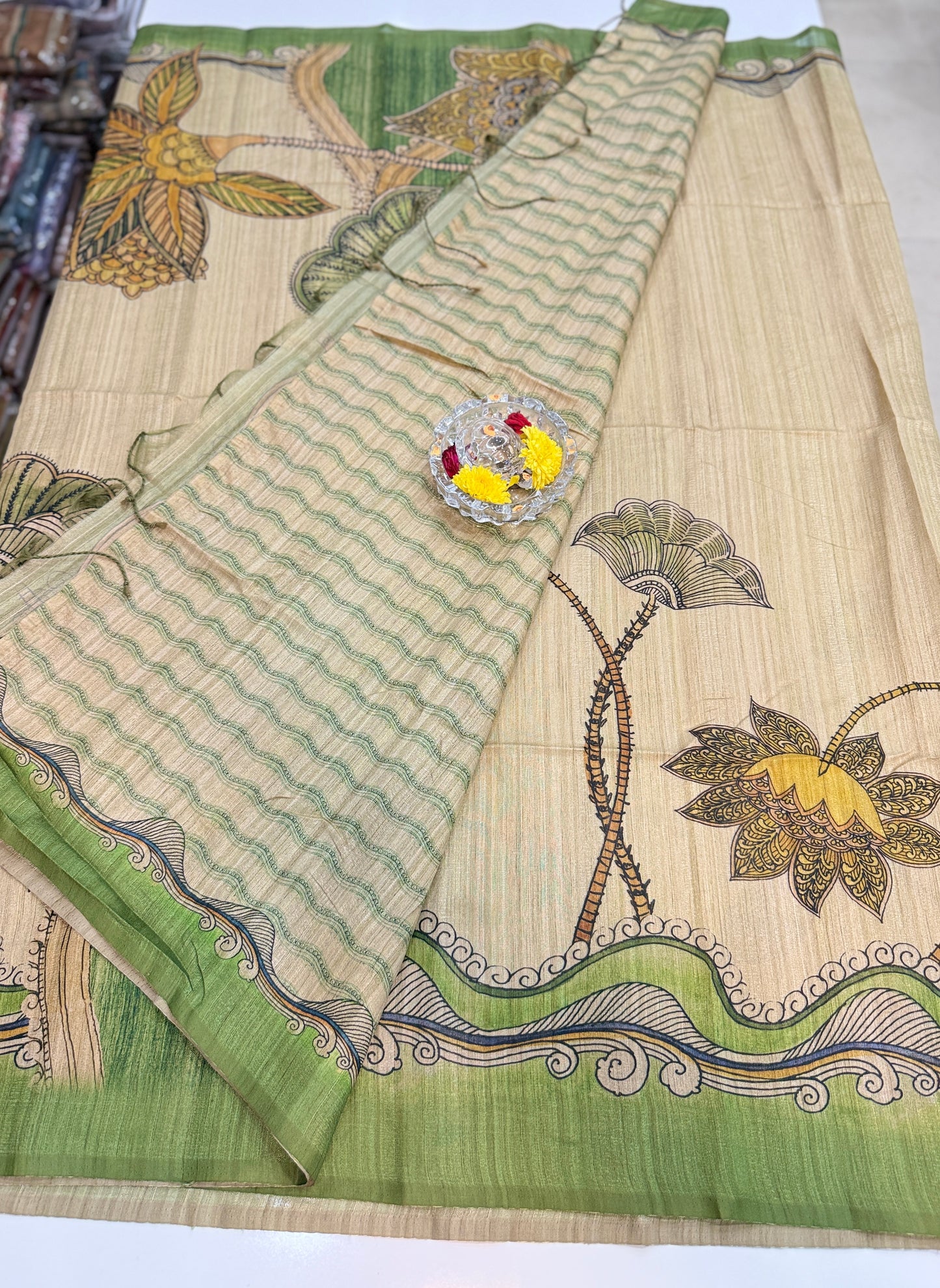 Silk Blend Printed Saree with Traditional Art Motifs and Glossy Texture – Festive Wear for Women