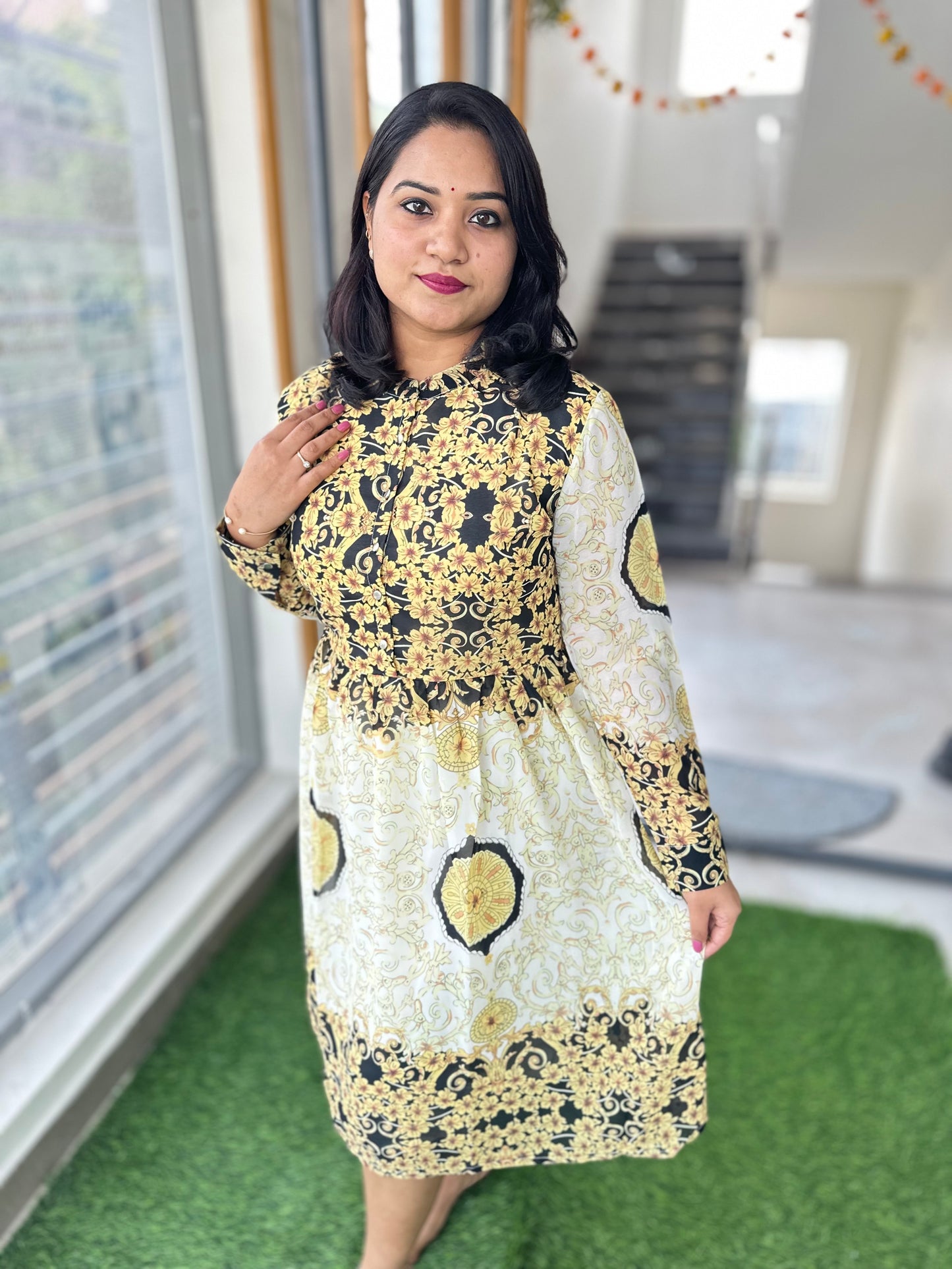 Chic Indo-Western Chiffon Midi Dress with Digital Print and Flap Sleeves