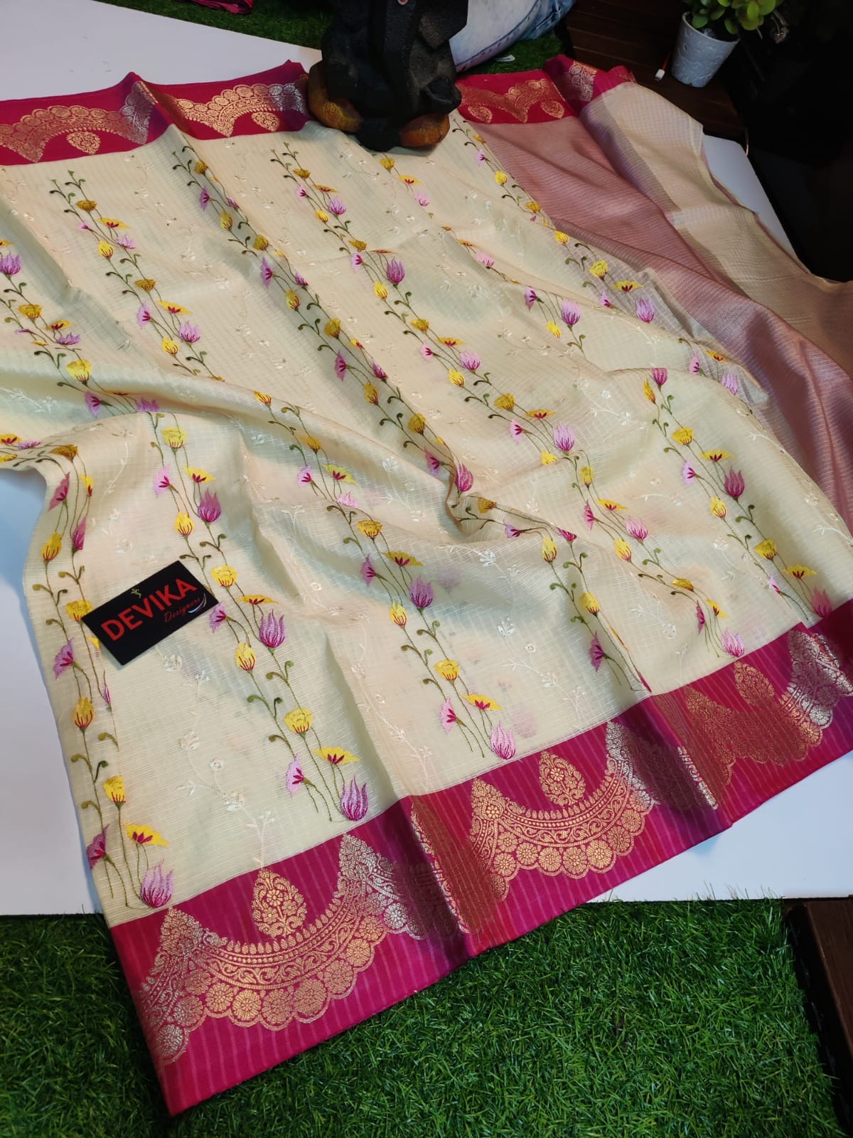 Banarasi Handloom - New Arrivals - Kota Check fabric and intricate multi-color Mina embroidery