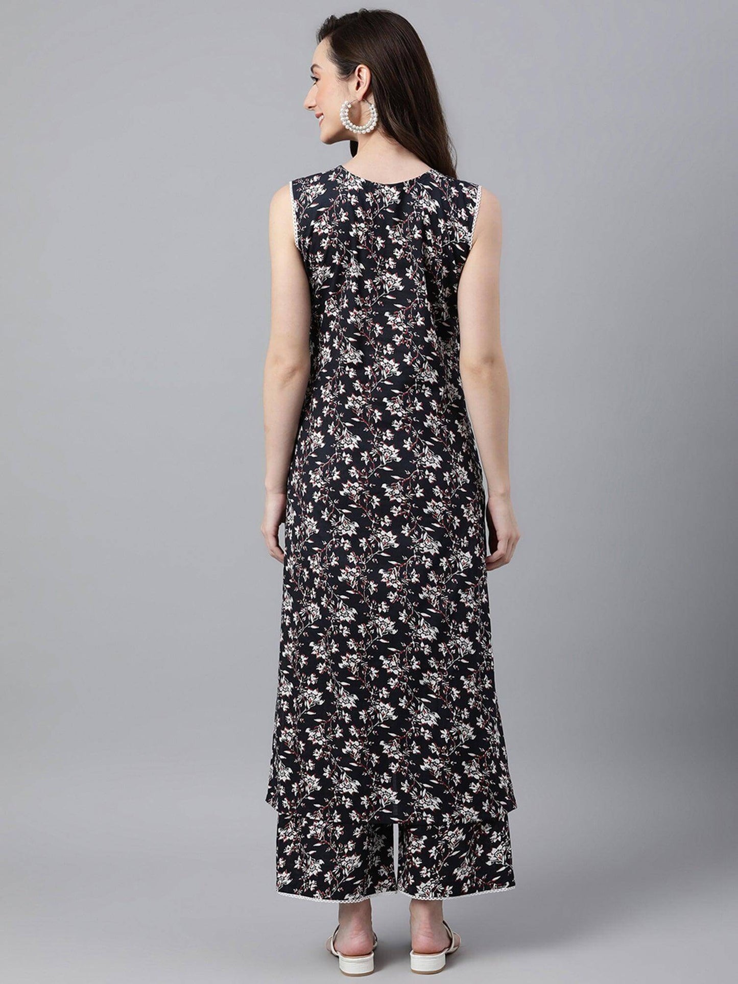 Black and white floral block printed cotton sleeveless kurta with palazzo set for women