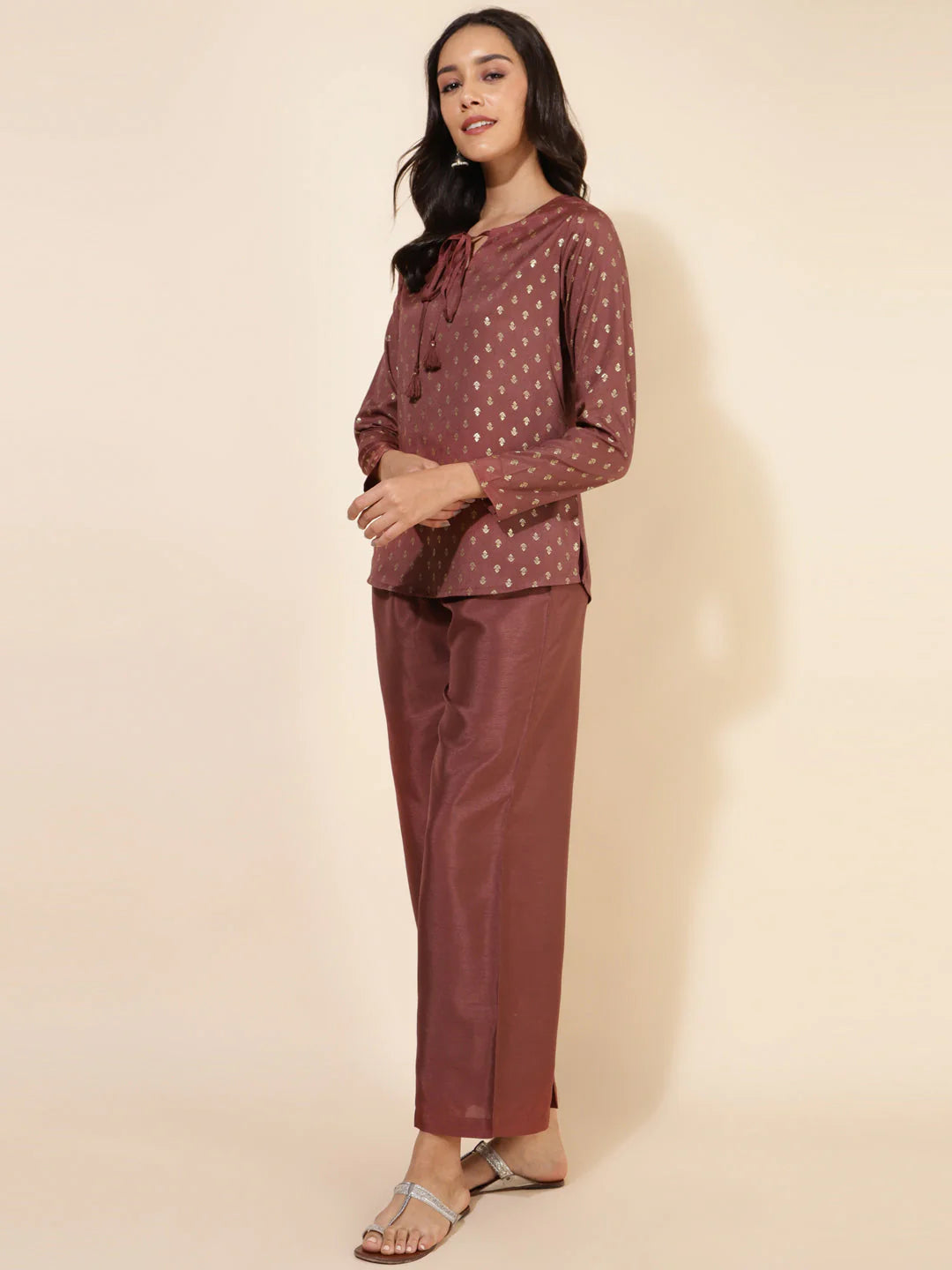 Brown crepe silk foil printed co-ord set for women – festive wear top with full sleeves and pants