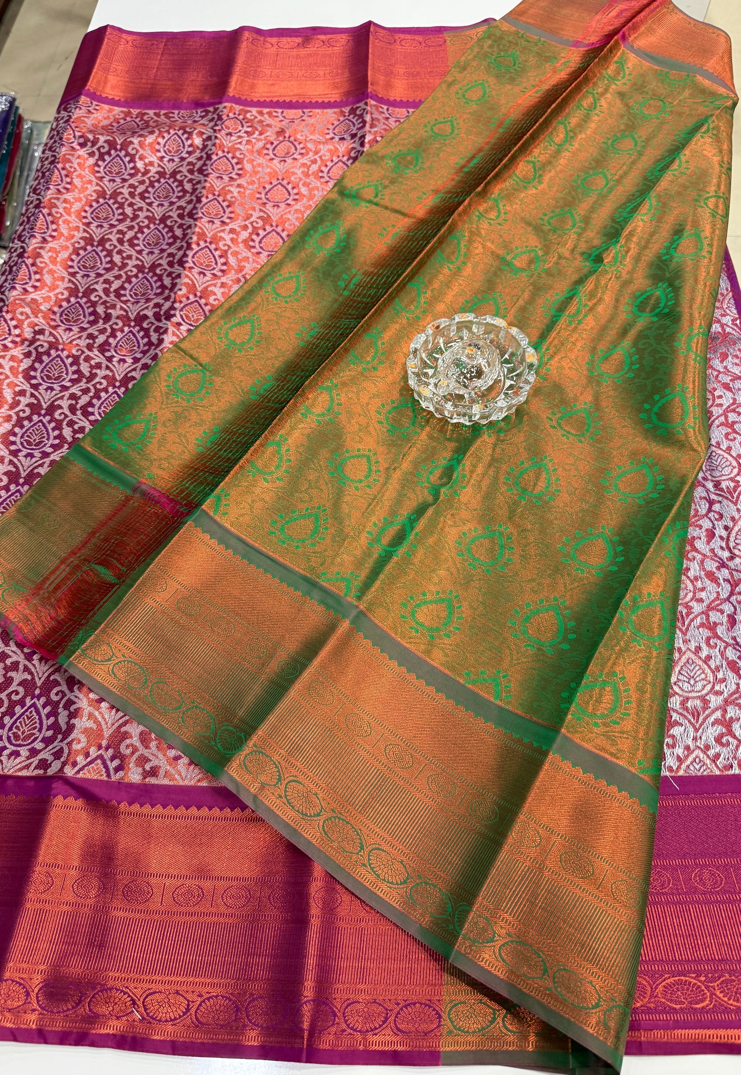 Bridal tissue saree for women with woven zari work and contrast border, kanchipuram style powerloom saree with blouse fabric